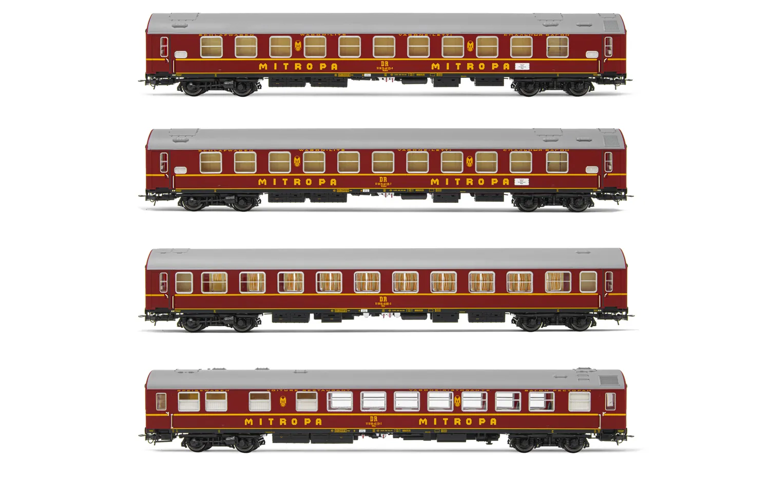 DR, 4-tlg. Set OSShD Typ B Reisezugwagen „Tourex” in roter Lackierung mit gelben Streifen, bestehend aus 2 x Schlafwagen WLABme, 1 x SDme und 1 x Speisewagen Wrme, Ep. IV