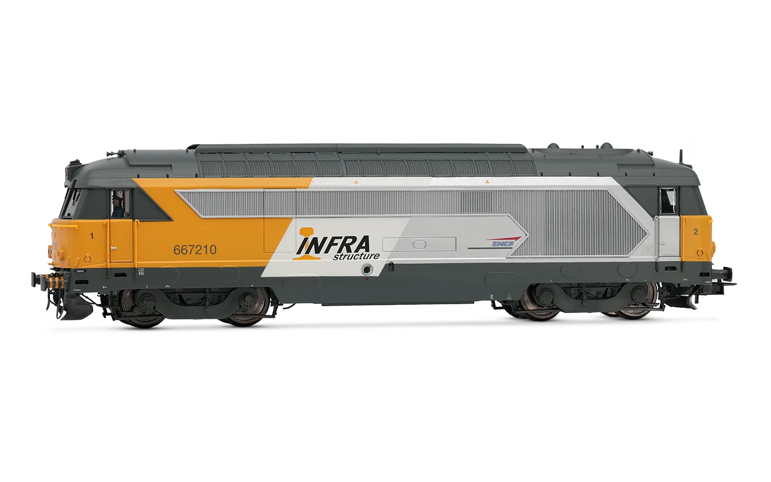 SNCF, locomotive diesel BB 67210, livrée jaune/blanche, « Infra Structure », ép. V