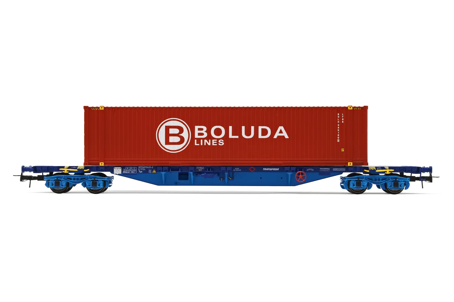 TRANSFESA, vagón porta contenedores de 4 ejes MMC3, cargado con un contenedor de 45' «Boluda», ép VI