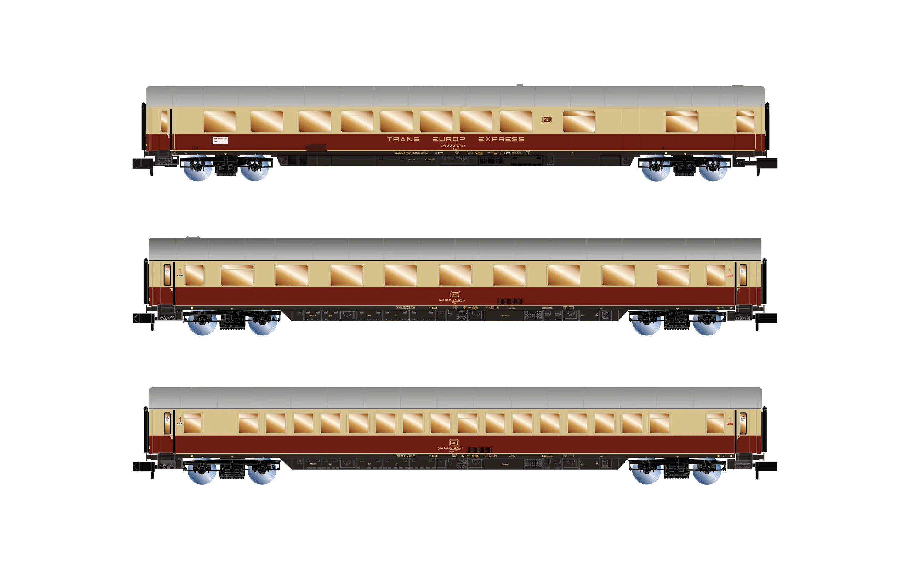 AKE, 3-tlg. Set „Rheingold", Set 2/2, bestehend aus 1 x Speisewagen ARmh217 + 1 x 1. Klasse Wagen Avmz + 1 x Wagen Apmz, Ep. V