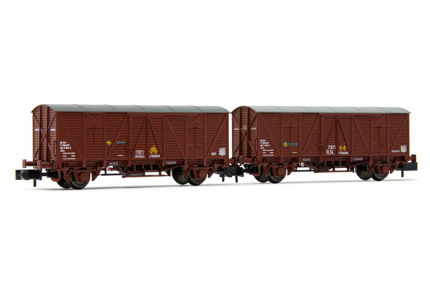 RENFE, 2-tlg. Set 2-achs. gedeckte Güterwagen J3, in brauner Lackierung, Ep. IV