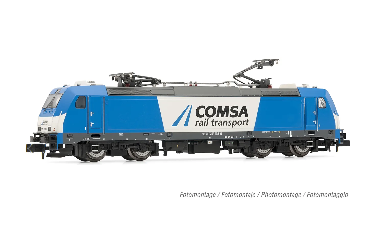 COMSA, locomotora eléctrica clase 253, decoración azul/blanca, ép. VI