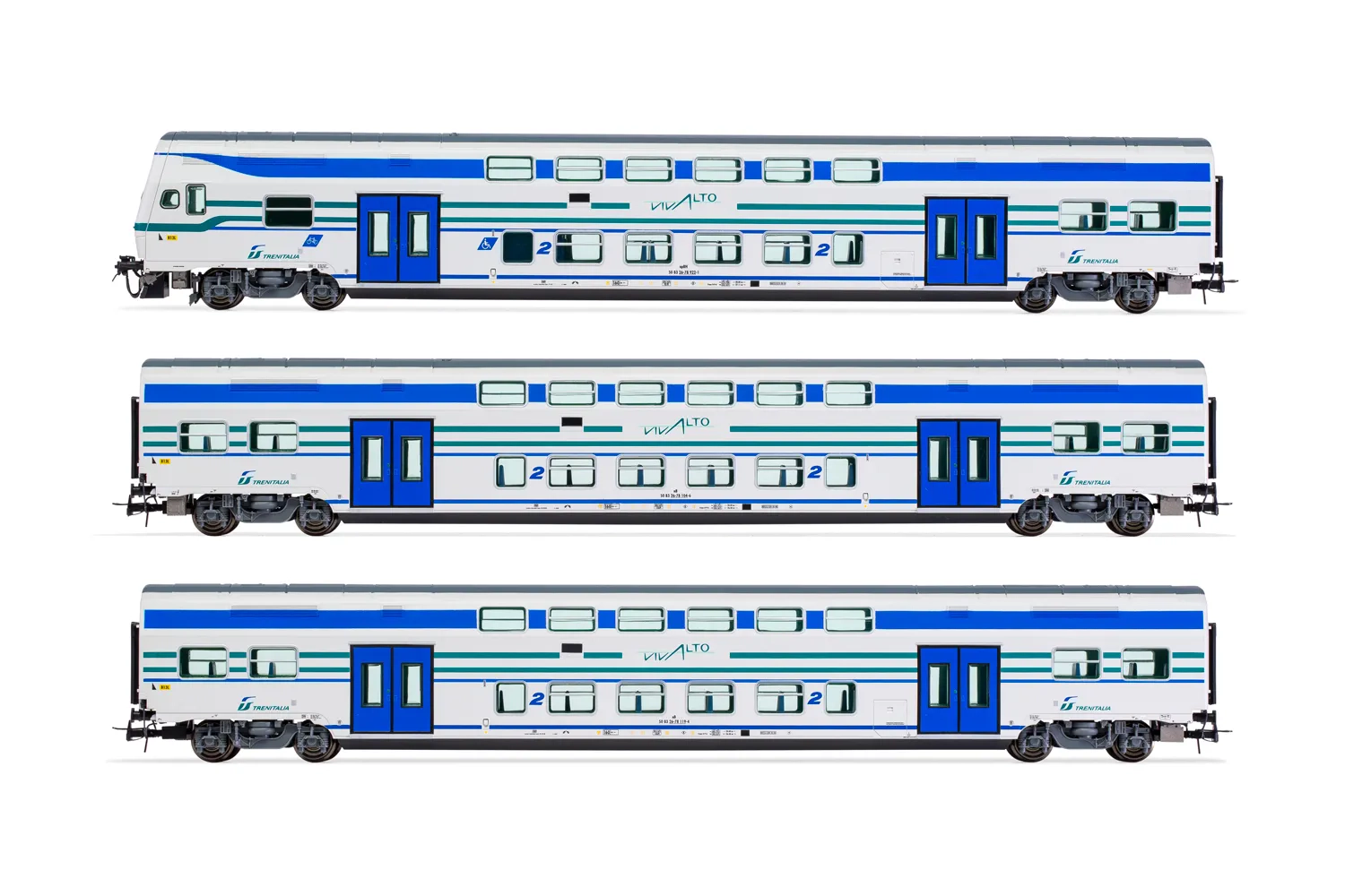 FS Trenitalia, set di 3 carrozze Vivalto, livrea "Vivalto" bianca con fasce verde/blu, composto da carrozza pilota e 2 carrozze intermedie, ep. VI