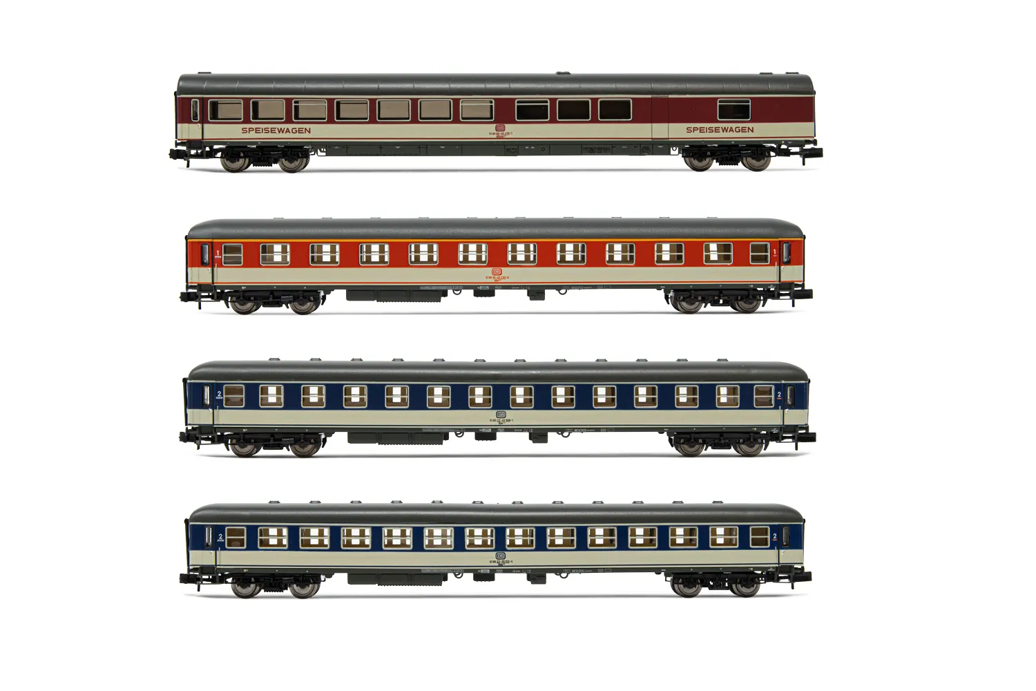DB, 4-tlg. Set Reisezugwagen "Popwagen", in grau/blauer und grau/roter Lackierung, bestehend aus 1 x 1.-Klasse-Wagen, 2 x 2.-Klasse-Wagen und 1 Speisewagen, Ep. IV