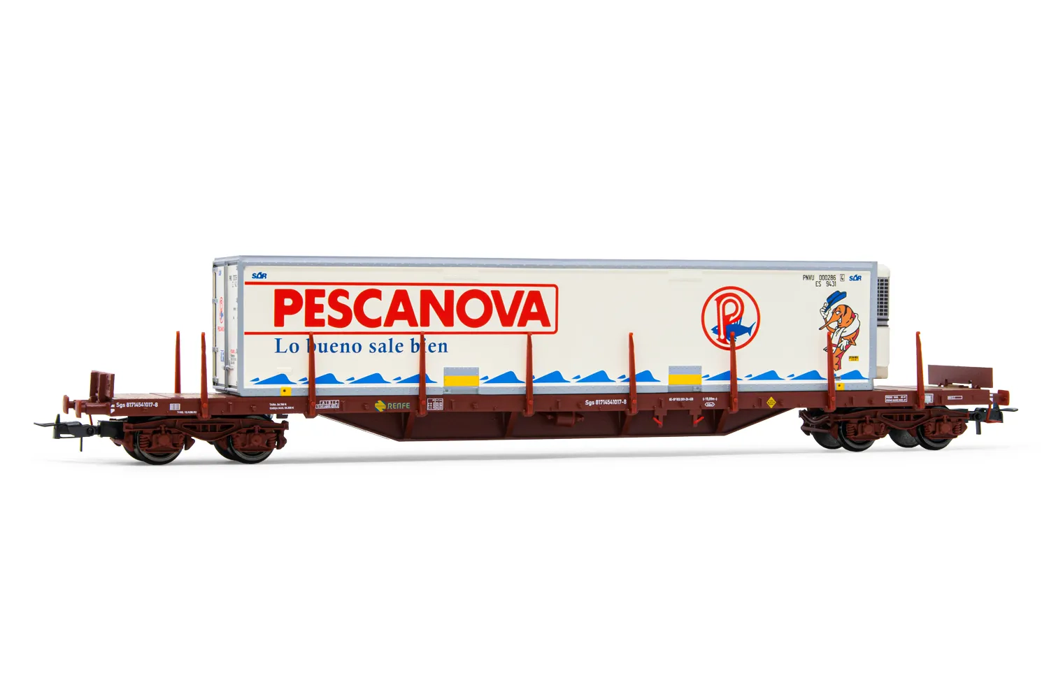 RENFE, 4-axle stake wagon MMQC, loaded with refrigerated container "Pescanova", period IV. Suitable AC wheelsets for this item: HC6100 (10,27 x 25,20 mm)
