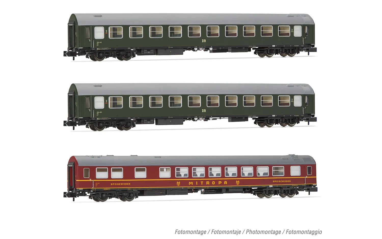 DR, 3-tlg. Set OSShD Typ B Reisezugwagen in grüner Lackierung, bestehend aus 1 x WR und 2 x B, Ep. III