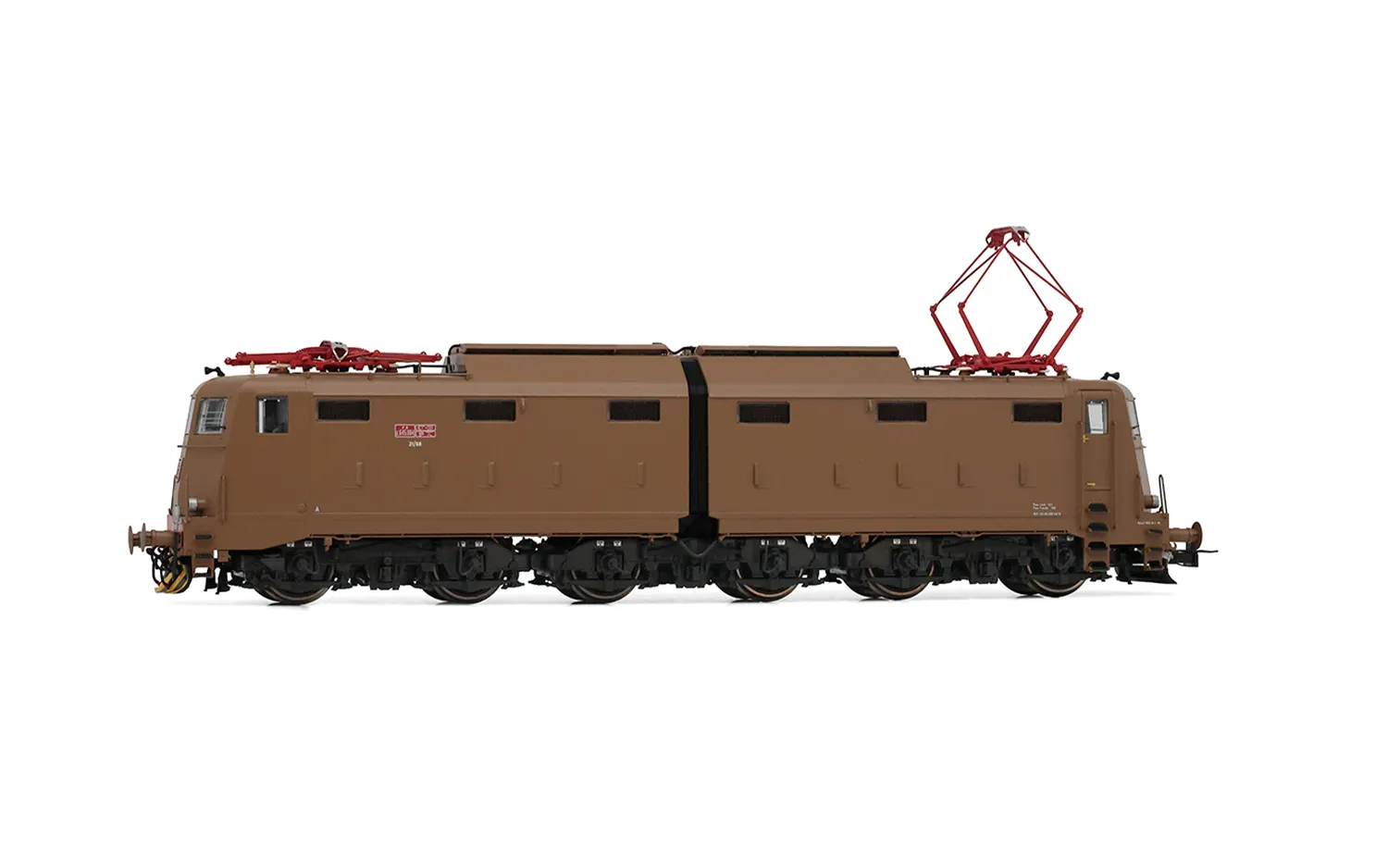 FS, locomotiva elettrica E.645, 1a serie, livrea Isabella con logo FS rosso semplificato, pantografi 52, ep. V