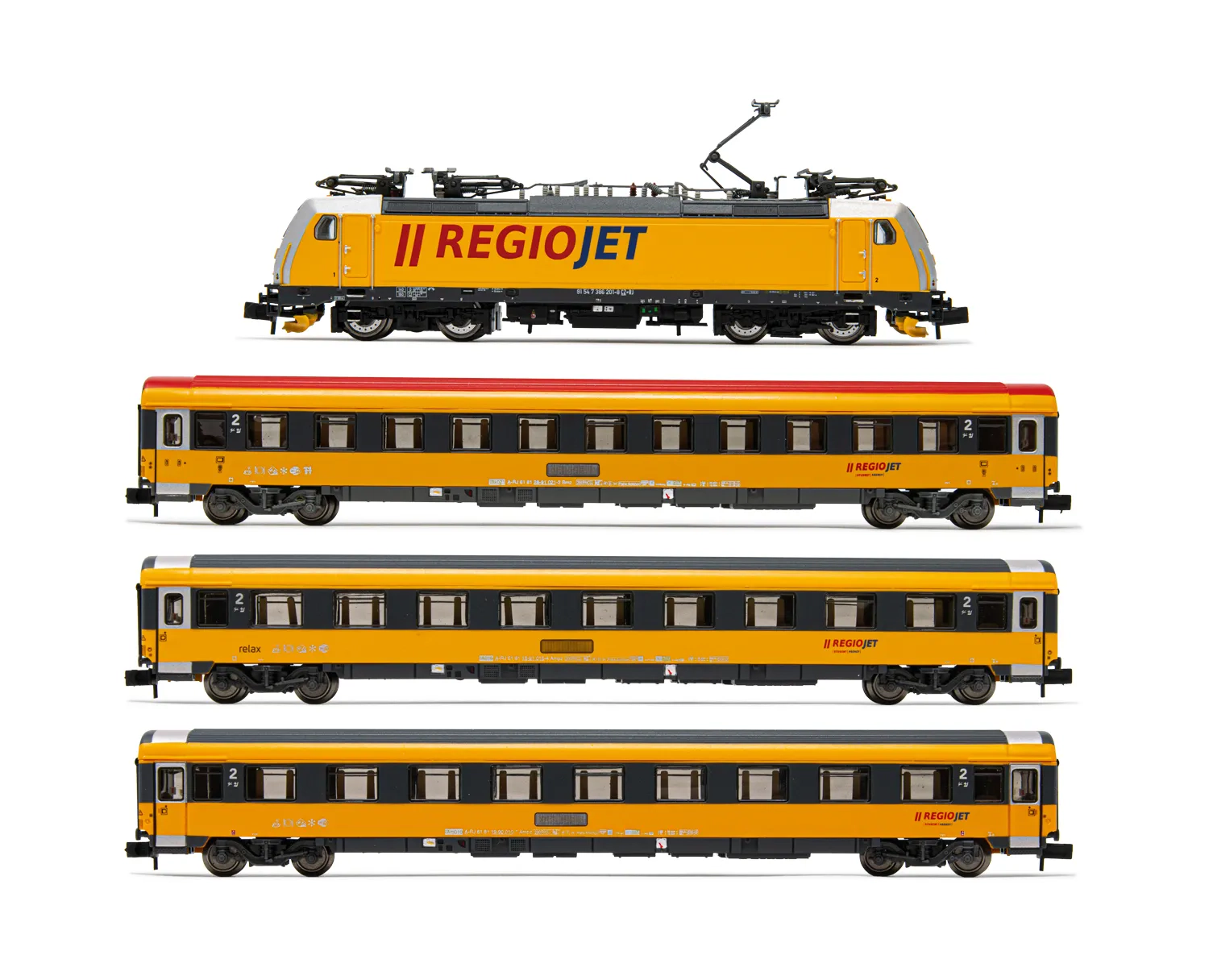 Regiojet, 4-unit train set, including 1 x electric locomotive class 386 and 3 x coaches, period VI