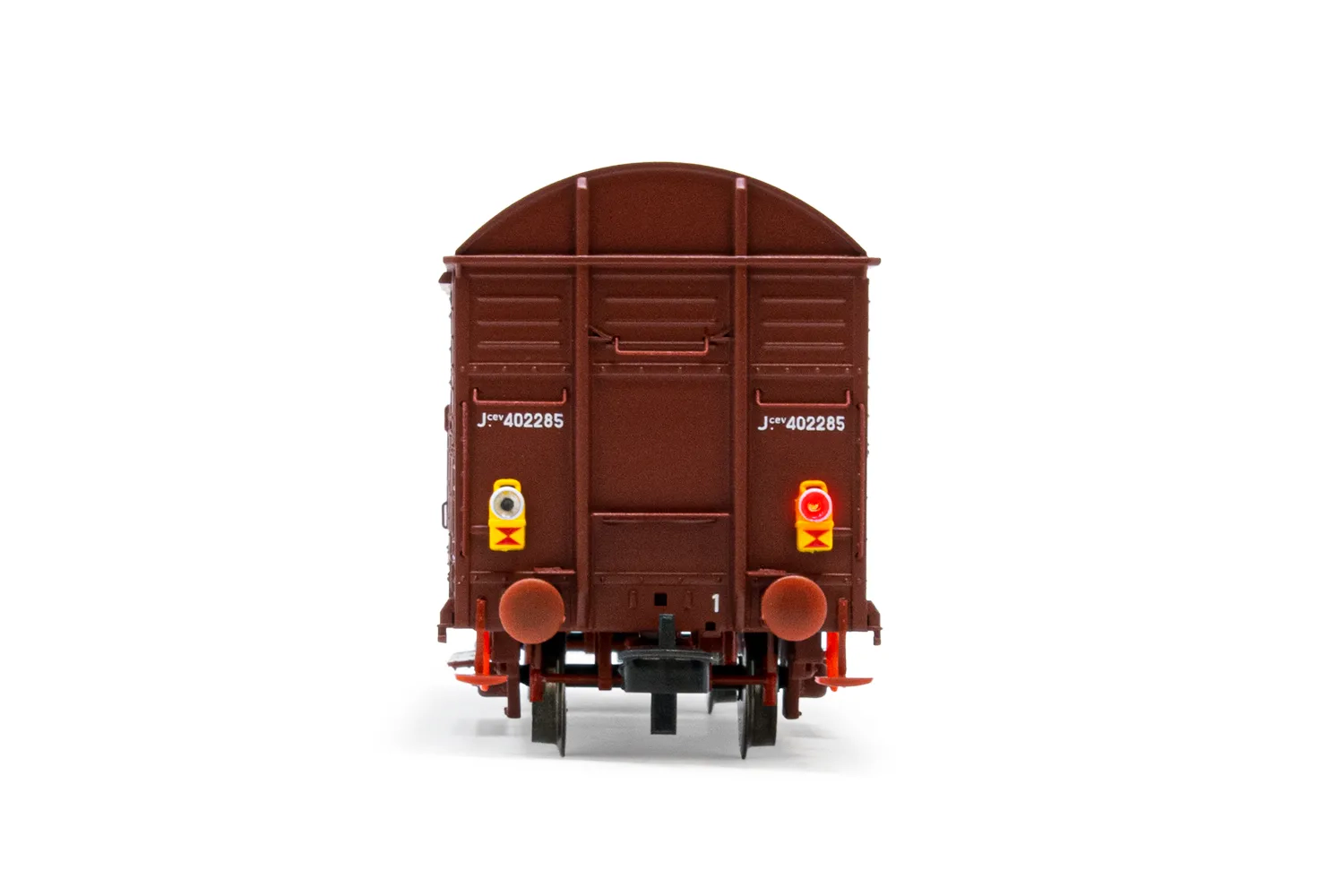 RENFE, 2-axle closed wagon J2, brown livery, with open shutters and red rear light, period IV