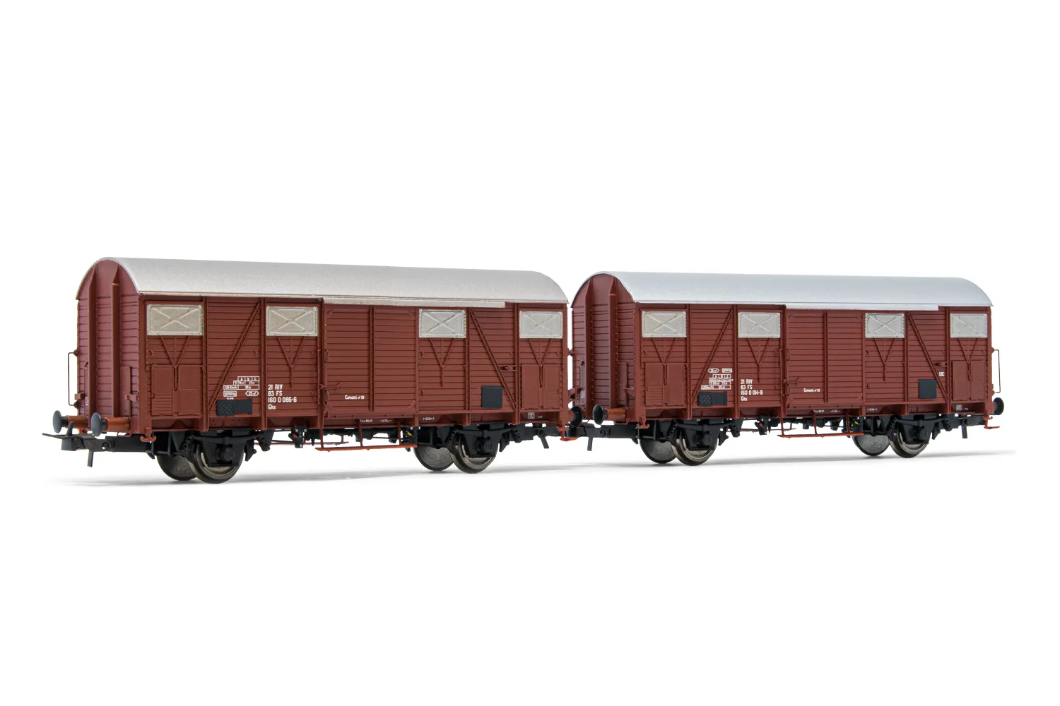 FS, 2-tlg. Set gedeckte Güterwagen Ghs mit offenen Lüftungsschiebern​​​​​​​, in brauner Lackierung, Ep. IV-V. Passende AC-Tauschradsätze: HC6101 (11,27 x 24,25 mm)