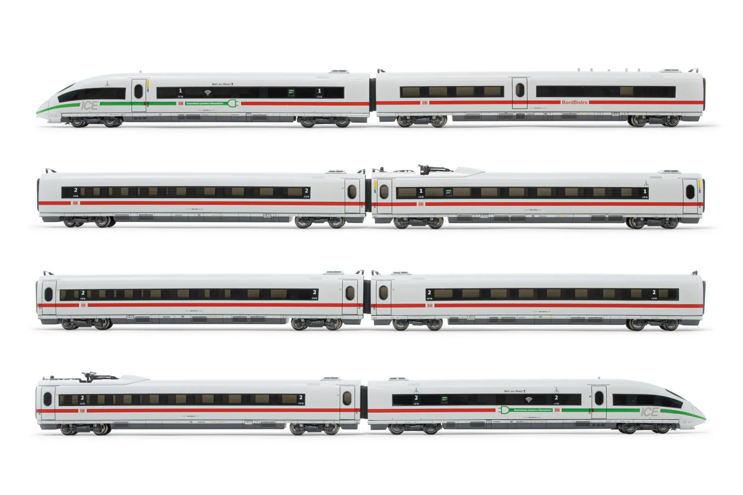 DB AG, set de 8 unidades, tren eléctrico de alta velocidad ICE 4320 "Deutschlands schnellster Klimaschützer", decoración blanca con franja verde/roja, ép. VI, con decoder de sonido