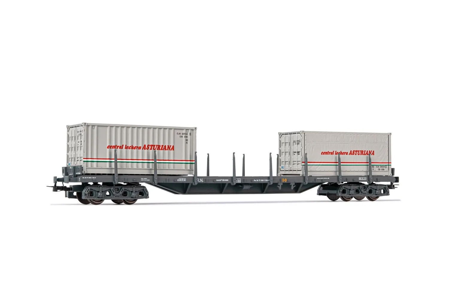 Electrotren (H0 1:87) RENFE, 4-axle container wagon, dark grey livery, loaded with 2 x 20' container "Central Lechera Asturiana", ep. IV