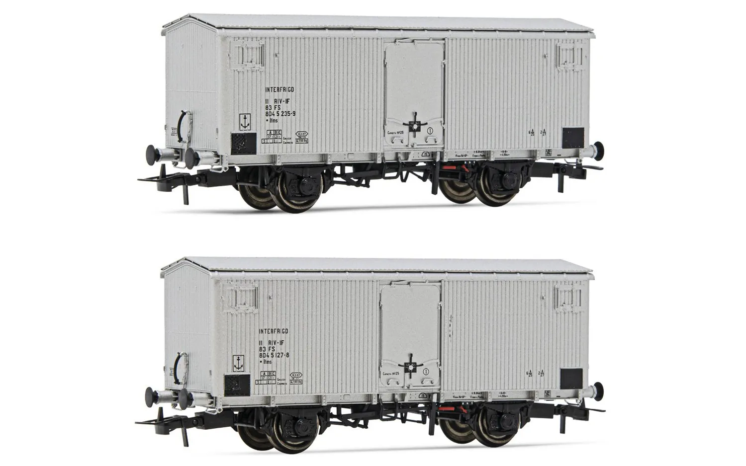 FS, 2-tlg Set 2-achs. Kühlwagen Ifms, Ausführung mit Blechladetüren, „UK”-Fahrzeugbegrenzungslinie, in silberner Lackierung, Ep. IV