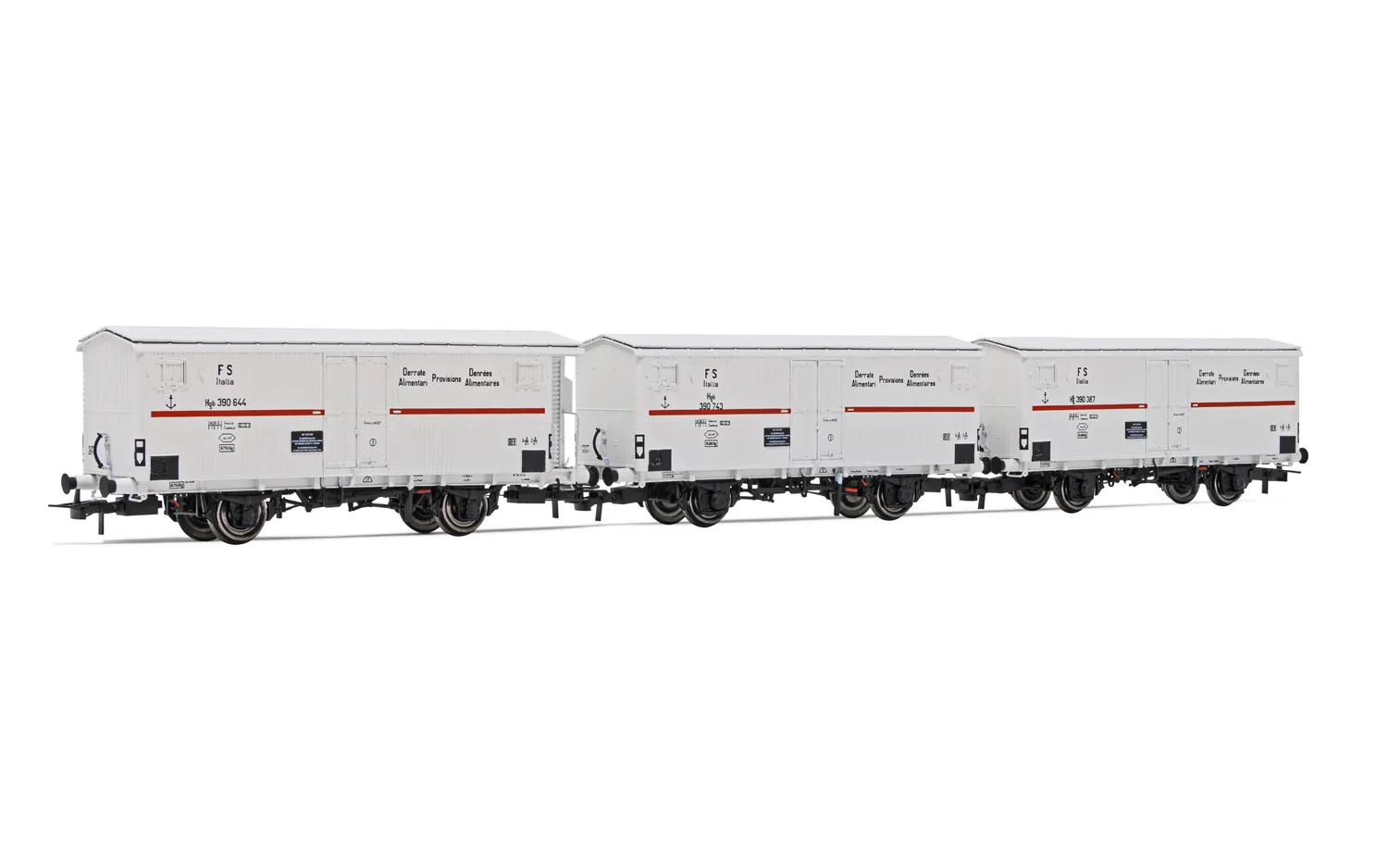 FS, 3-units pack refrigerated wagons Hgb 2-axles (2 without brakeman's cab, 1 with), white, red stripe, UK loading gauge, ep. III
