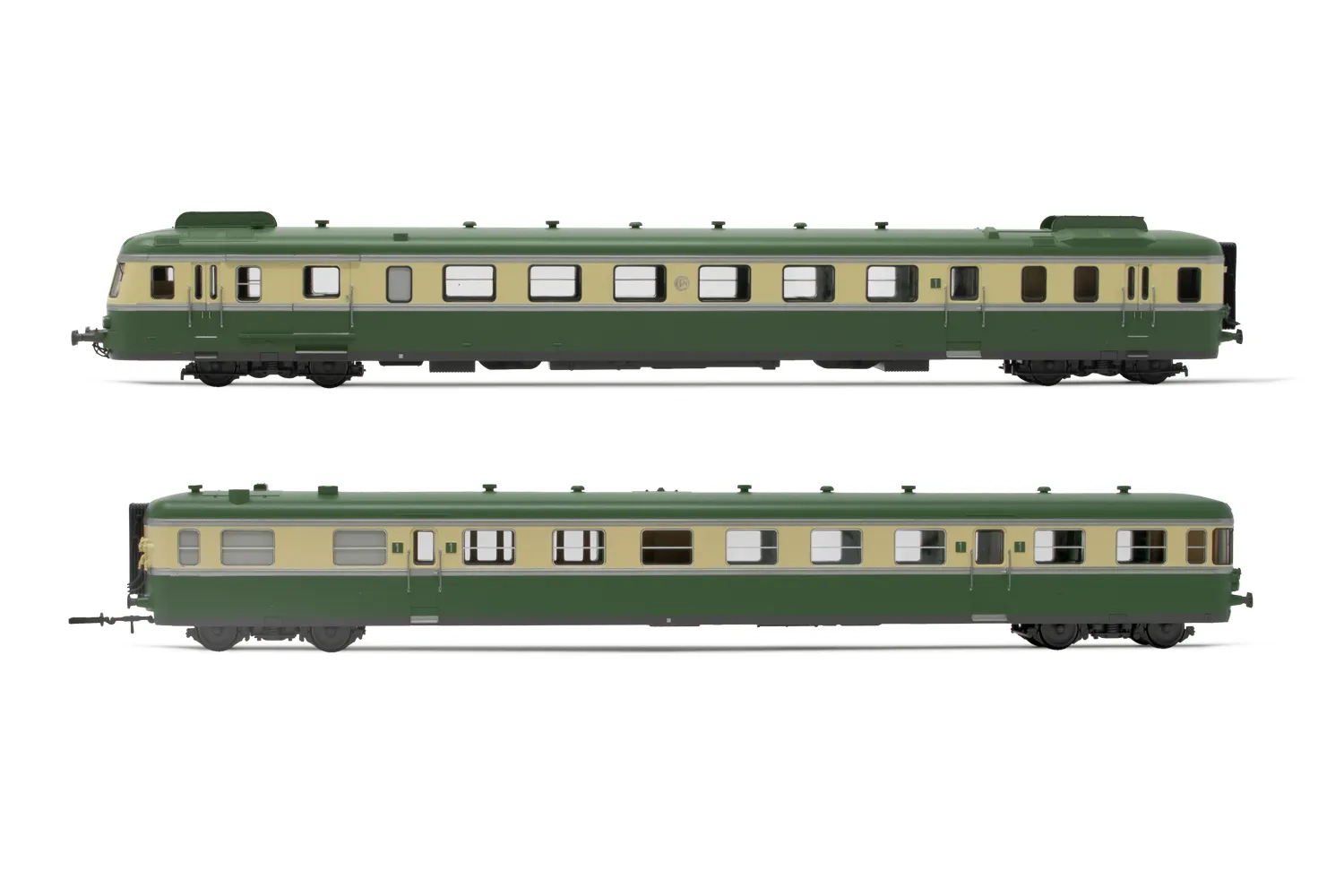 SNCF, autorail à 2 voitures RGP II X 2712 avec remorque XR 7714, avec déflecteurs de fumée, livrée vert/beige, ép. III-IV