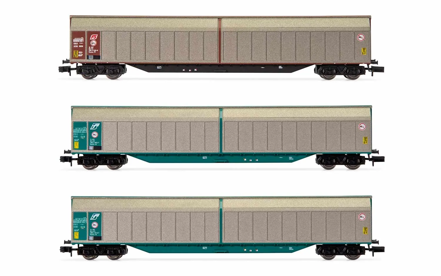 FS, 3-unit set 4-axle sliding-wall wagons Habills, silver/brown resp. silver/green livery, period IV-V
