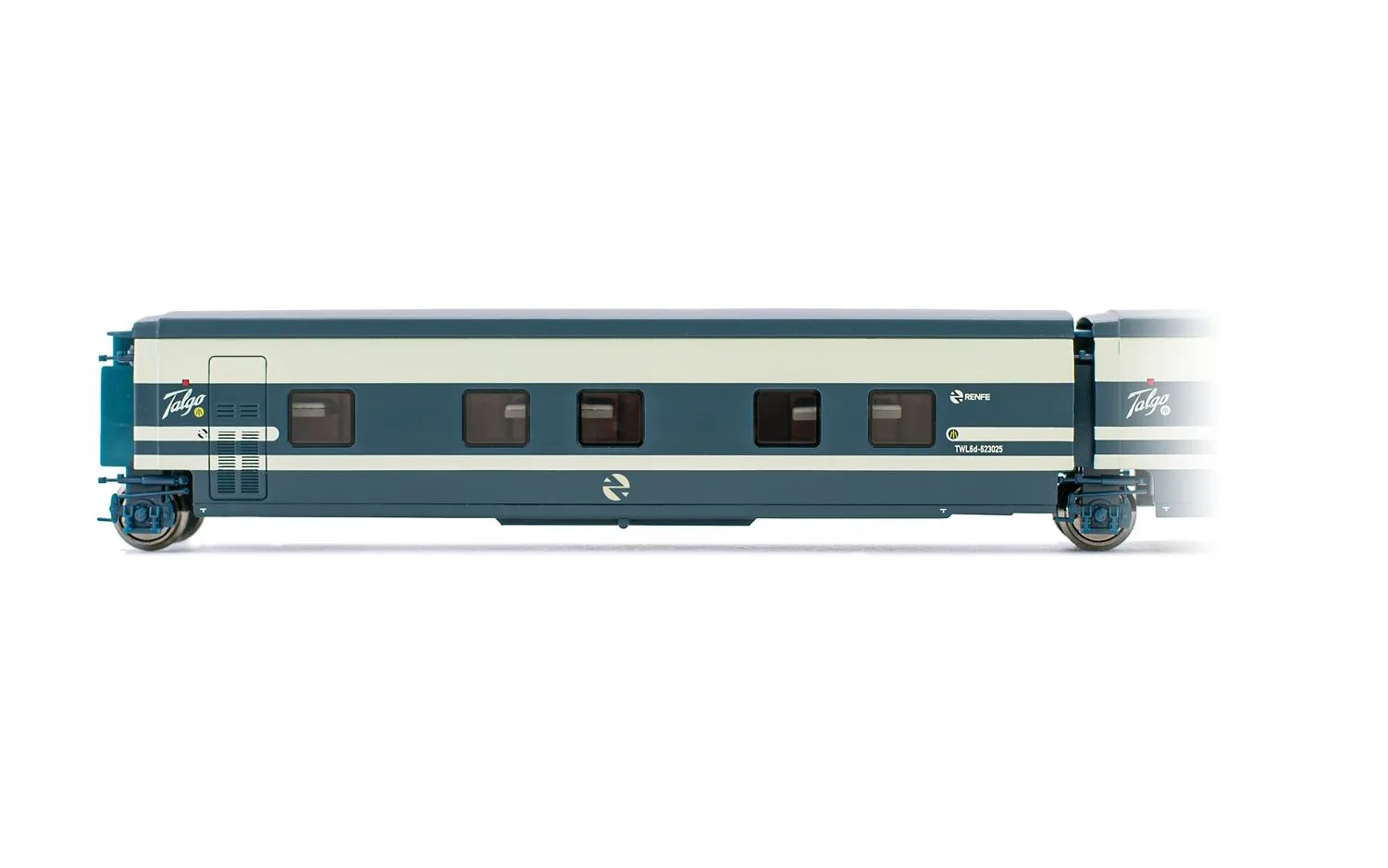 RENFE, Talgo Trenhotel, coche cama con la puerta con puerta a la izquierda, versíon original azul/beige, ép. IV