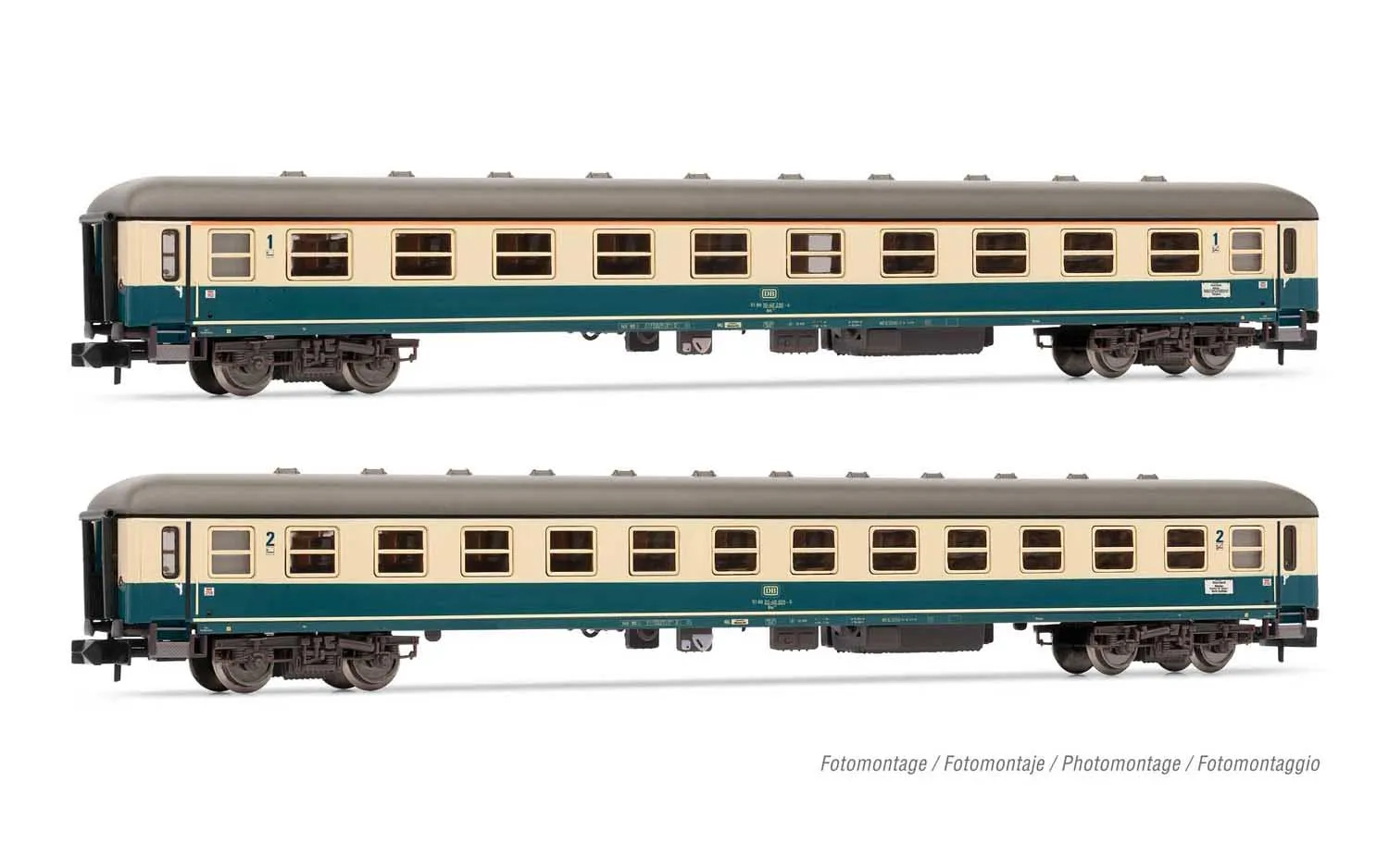 DB, 2-tlg. Set Reisezugwagen der 1. Klasse und 2. Klasse, in blau/beige Lackierung, Bestehend aus 1 x Am203 und 1 x Bm233, Ep. IV