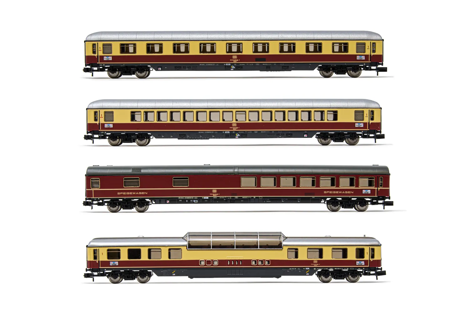 DB, 4-tlg. Set Reisezugwagen "TEE Rheinpfeil", in rot/beiger Lackierung, bestehend aus 1 x Avümh, 1 x Apümh, 1 x Adümh und 1 x Wrüm, Ep. III-IV