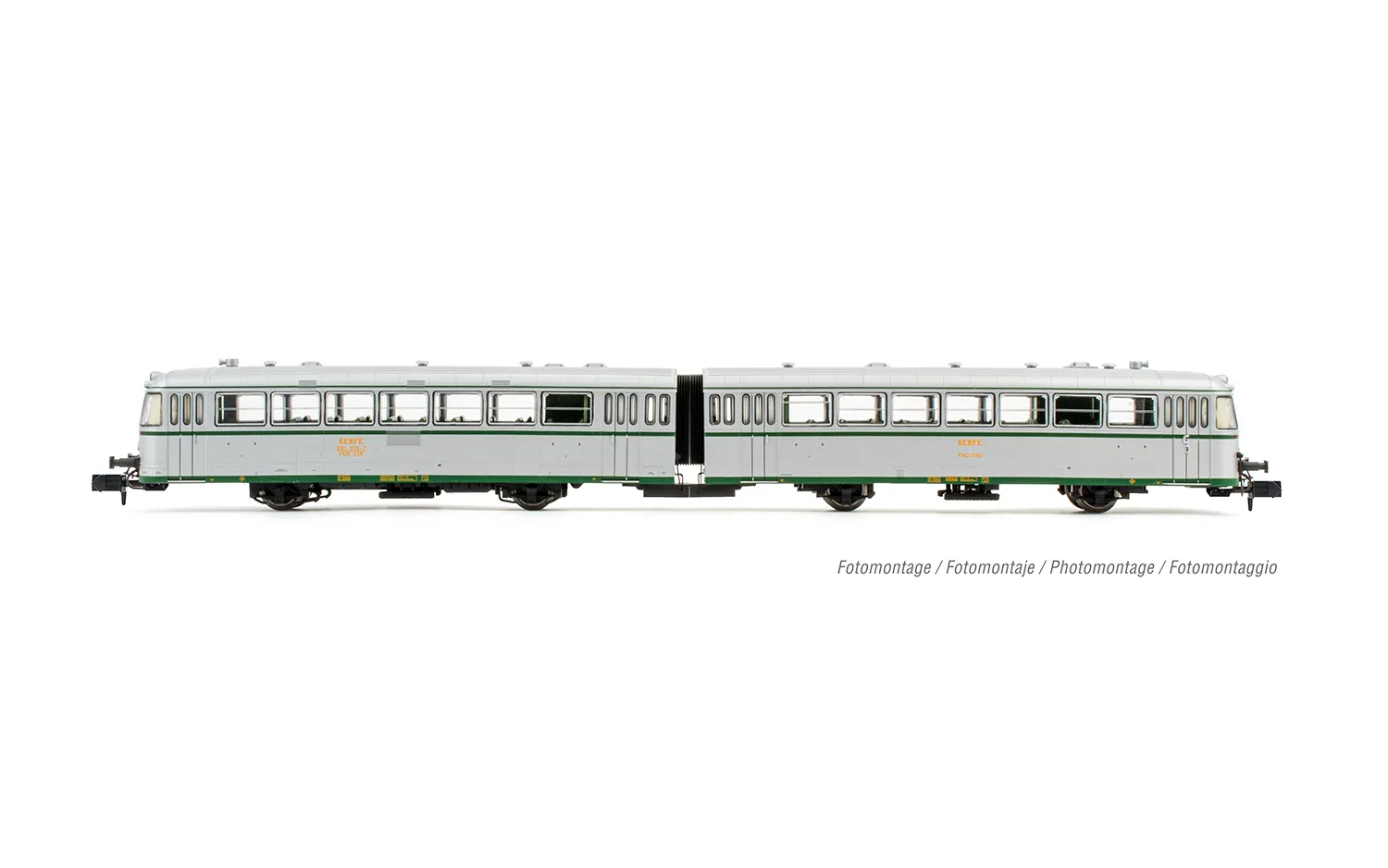 RENFE, automotor diesel 591-531 “Ferrobús”, de dos coches, decoración plata con matrículas UIC, ép. IV