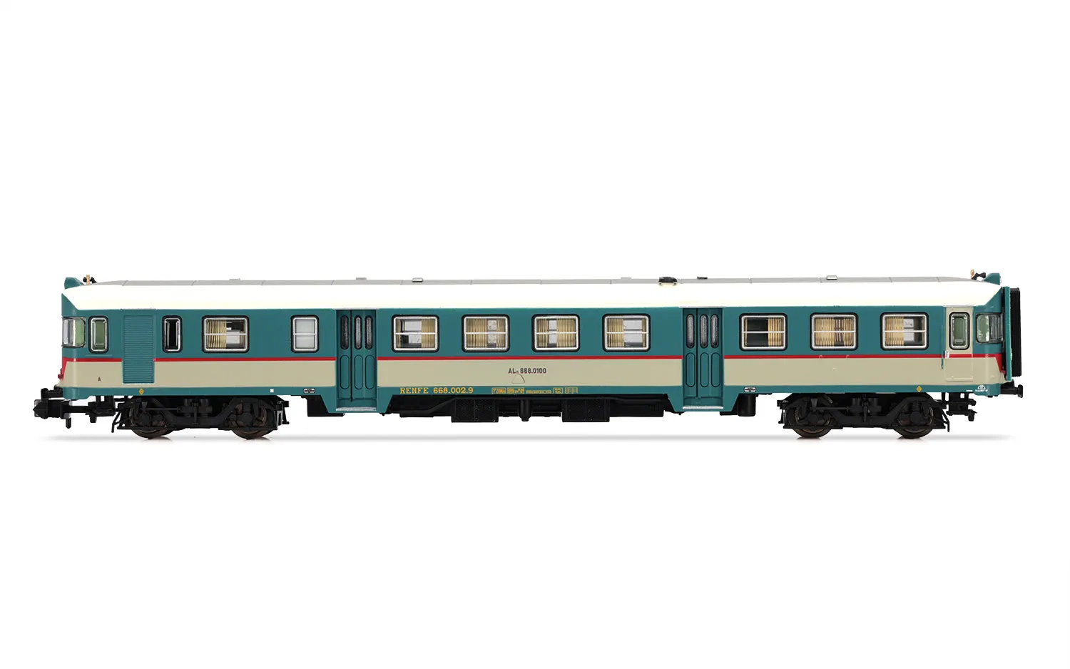RENFE, 2-tlg. Dieseltriebwagen ALn 668 Serie 1900 in original FS-Lackierung, gewölbte Stirnfenster, Ep. IV, mit DCC-Sounddecoder