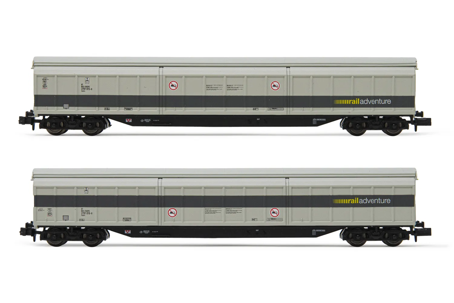 RailAdventure, set de 2 vagones con paredes deslizantes de 4 ejes Habfis, decoración gris, ép. VI