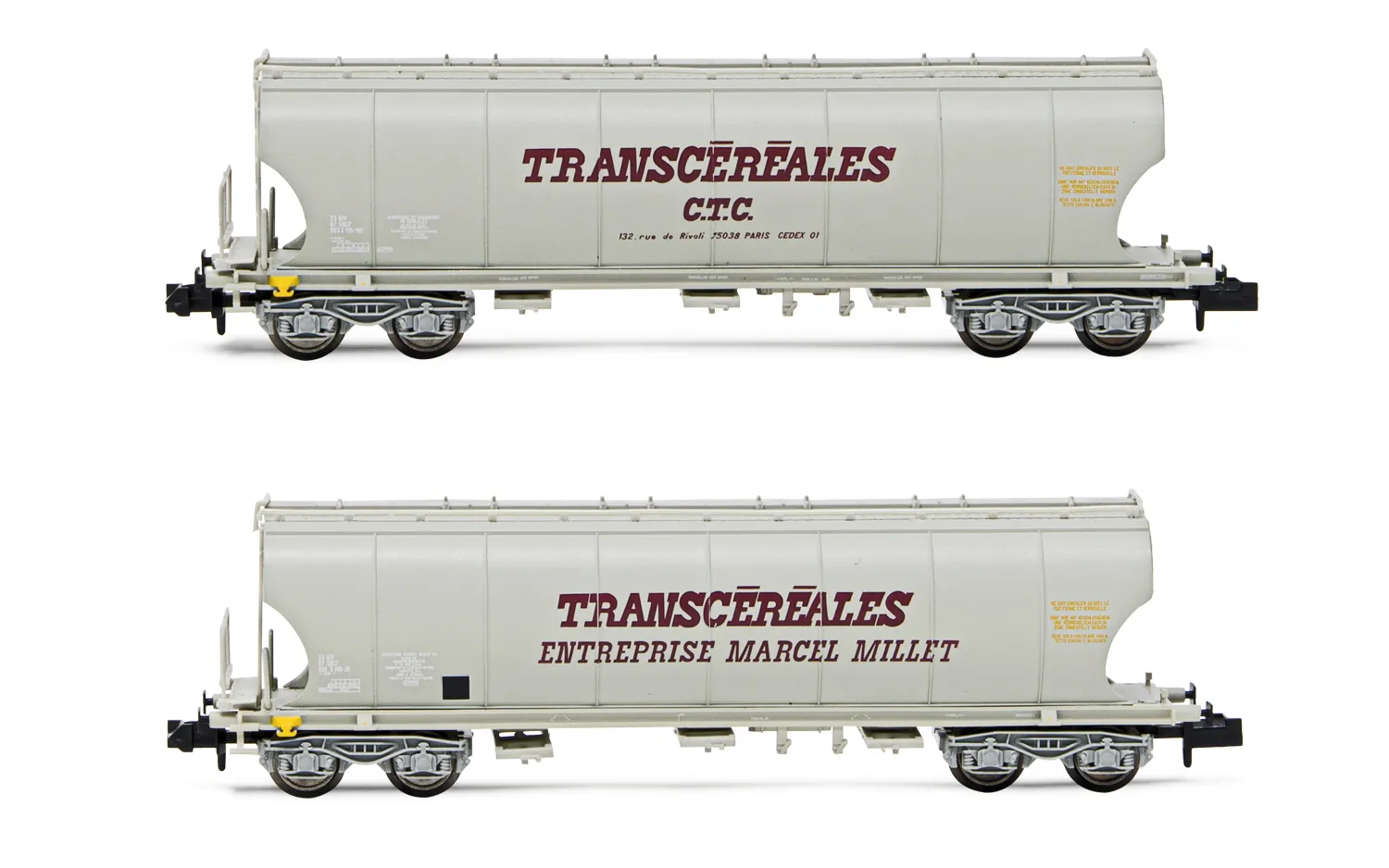 SNCF, set di 2 carri tramoggia a 4 assi a pareti tonde per il trasporto di cereali, "Transcéréales CTC" e "Transcéréales Enterprise Marcel Millet", ep. IV