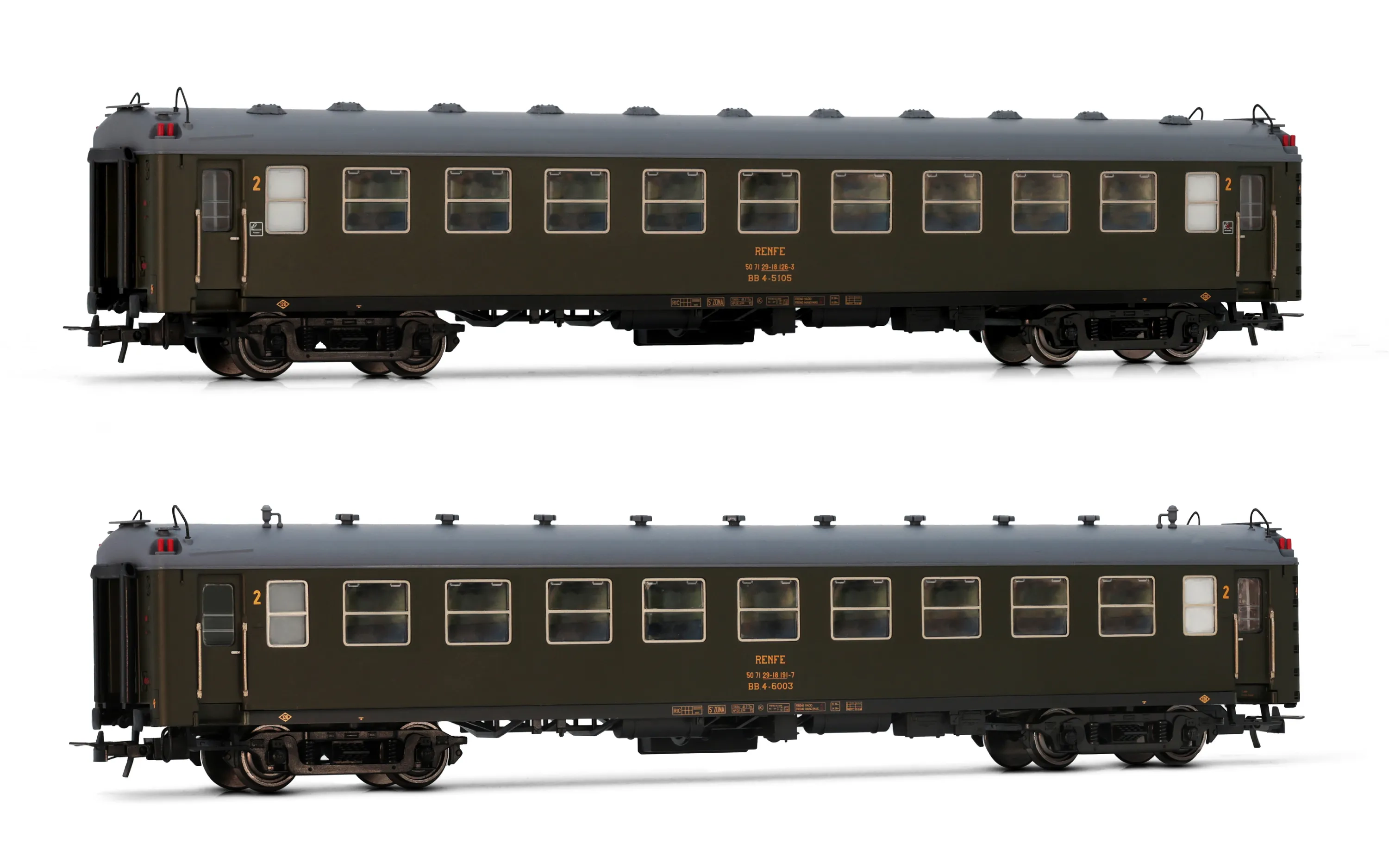 RENFE, set de 2 coches 5000 de segunda clase BB4, decoración verde oliva, ép. IV