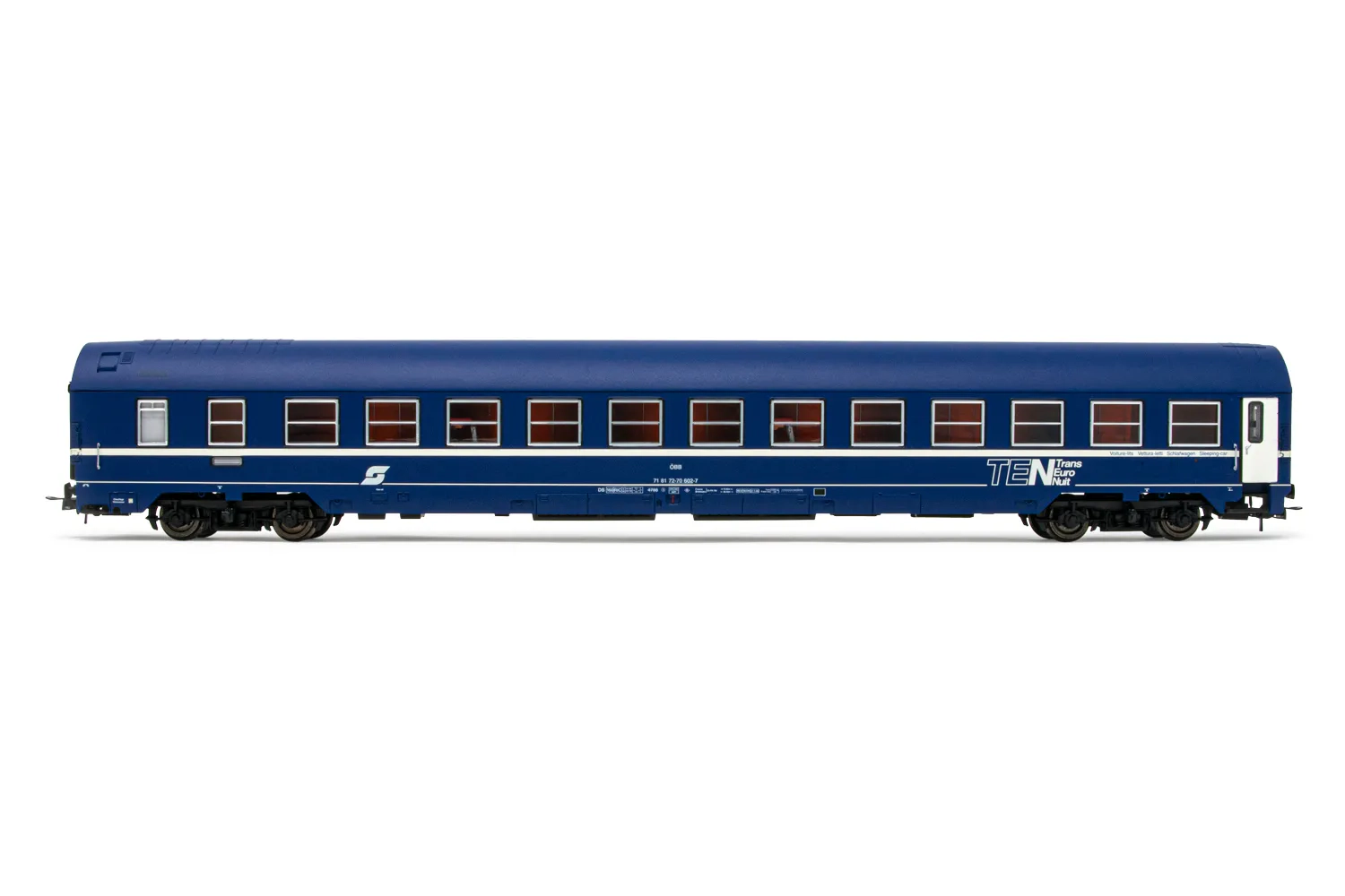 ÖBB, sleeping coach MU, "TEN" livery with blue roof, period IV-V. Suitable AC wheelsets for this item: HC6100 (10,27 x 25,20 mm)