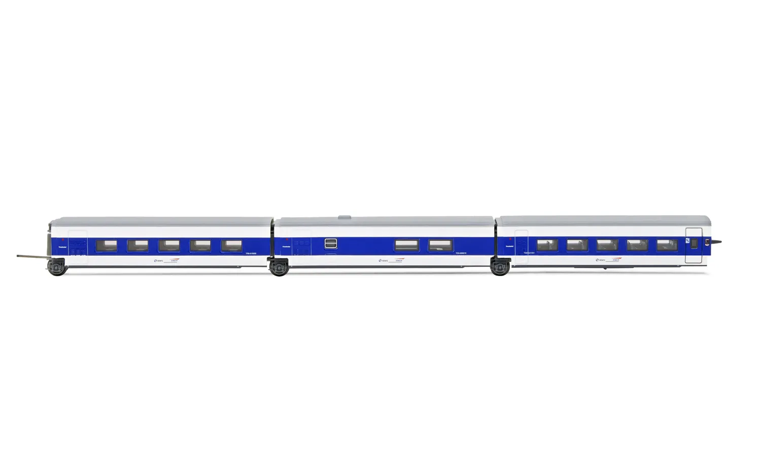 SNCF/RENFE, 3-tlg. Ergäzungsset, Talgo „Francisco de Goya” (Paris – Madrid) in blau/weißer, bestehend aus 1 x Speisewagen, 1 x Barwagen, 1 x „superreclinable” Wagen, Ep. V