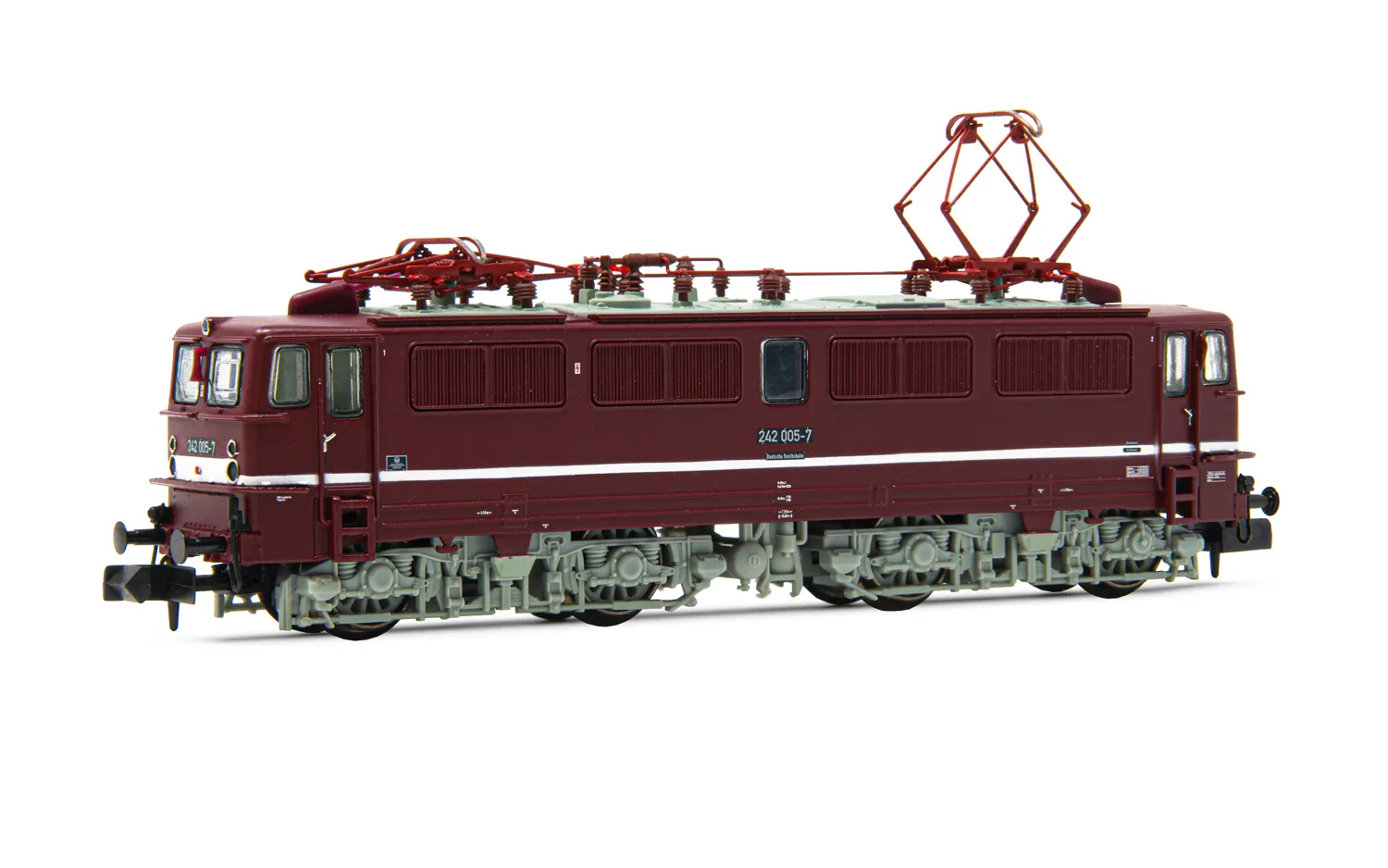 DR, locomotive électrique classe 242, livrée rouge avec ligne blanche de fine décoration, ép. IV