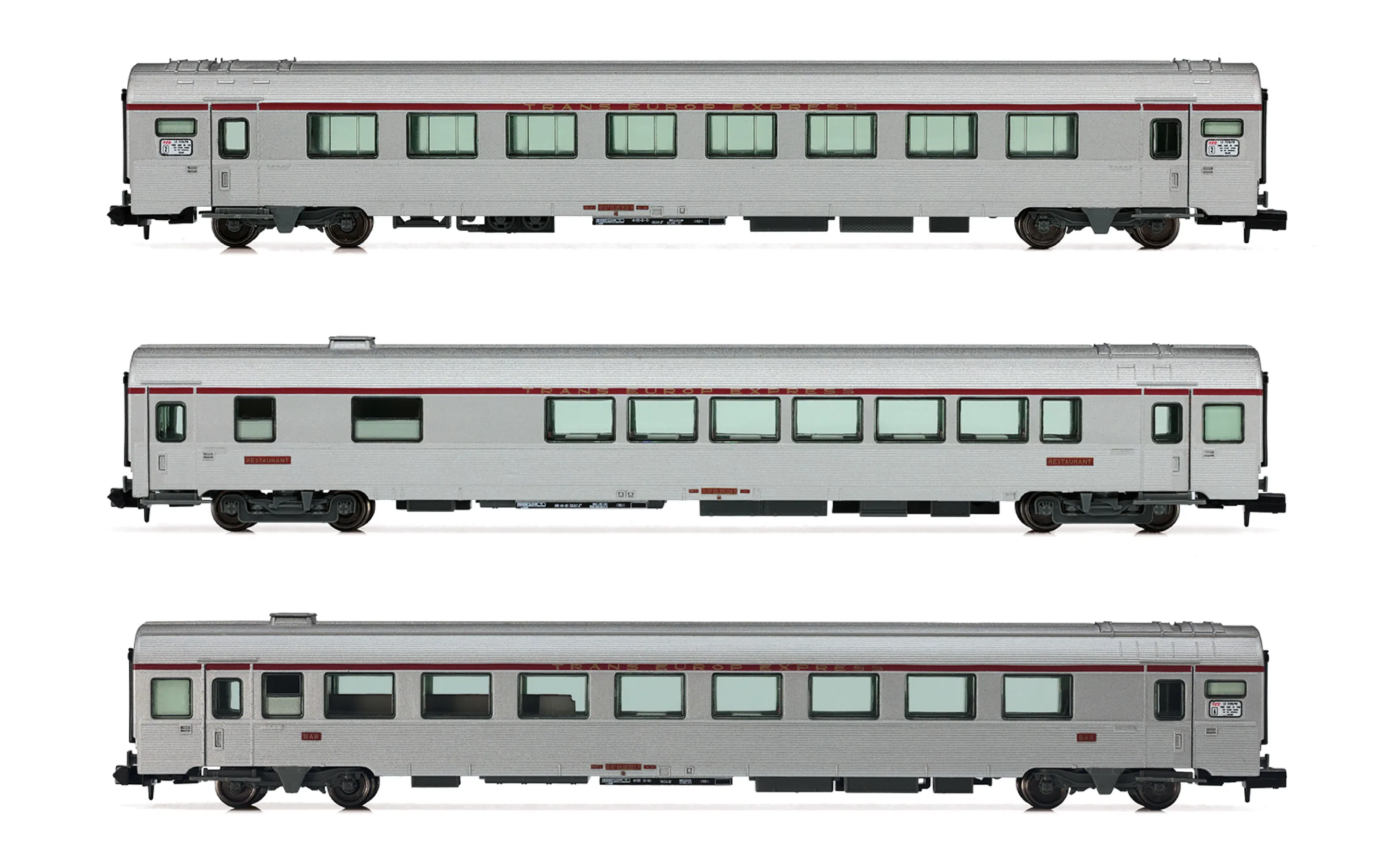 SNCF, set de 3 coches TEE «Cisalpin», Milán - París, decoración plata, compuesto de 1 coche Vru, 1 coche A3rtu y 1 coche A8u, ép. IV