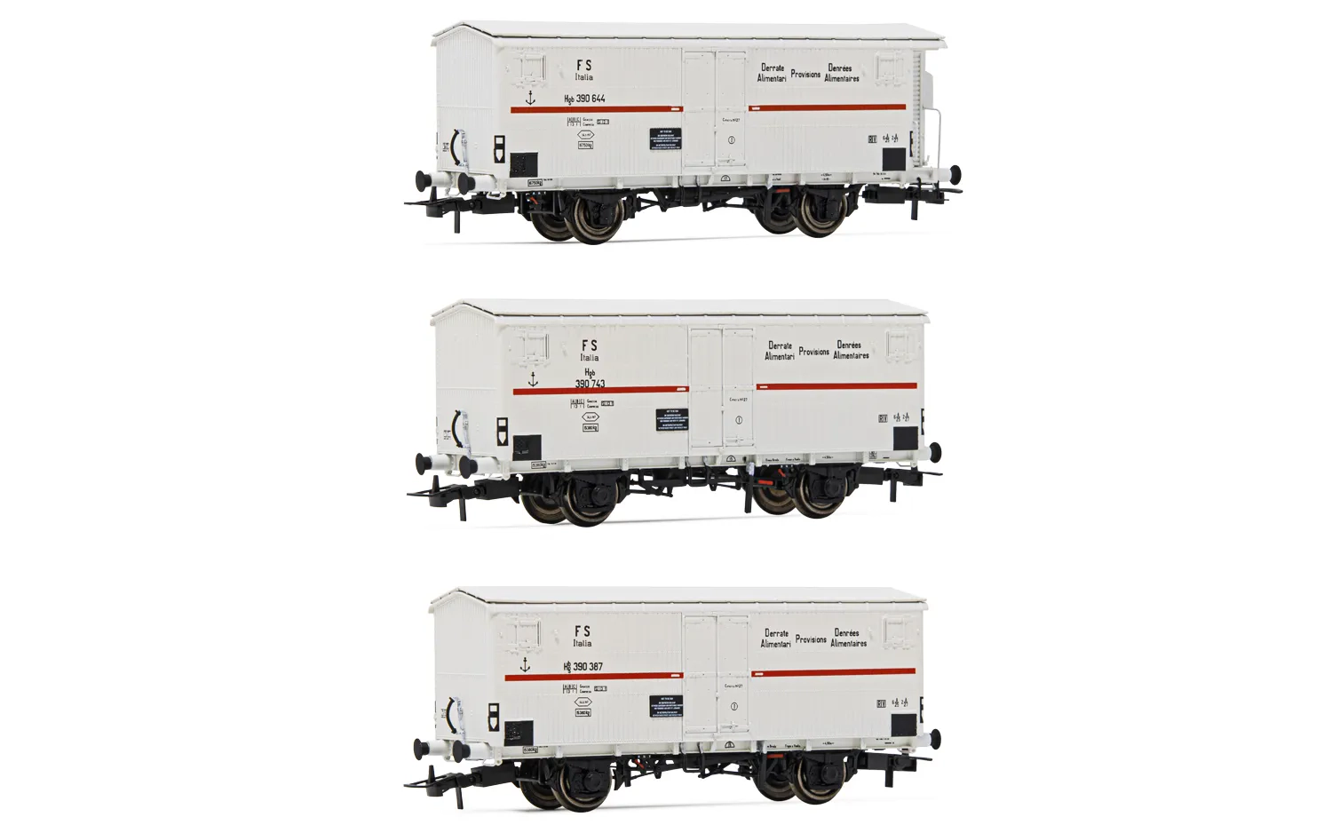 FS, set di 3 carri refrigerati a 2 assi Hgb (2 senza garitta, 1 con), sagoma inglese, livrea bianca con striscia rossa, ep. III