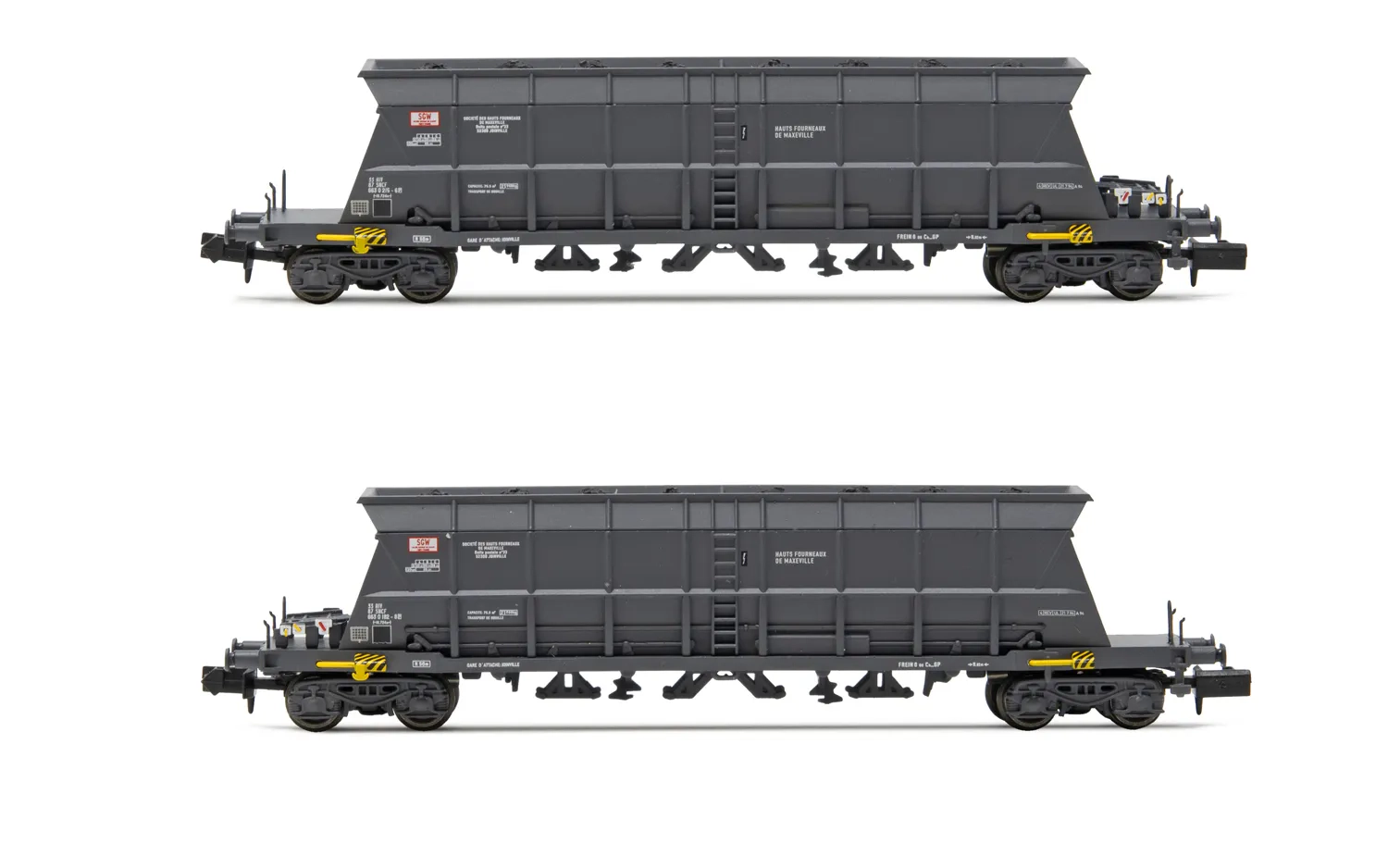 SNCF, 2-tlg Set 4-achs. Selbstentladewagen Faoos für Kohletransport, „S.G.W.", Ep. IV