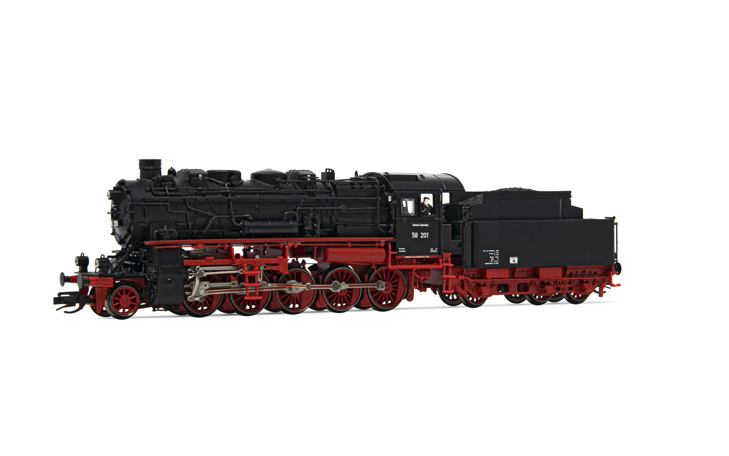 DR, Dampflokomotive 58 201, mit vierdomigem Kessel, in schwarz/roter Lackierung, Ep. III