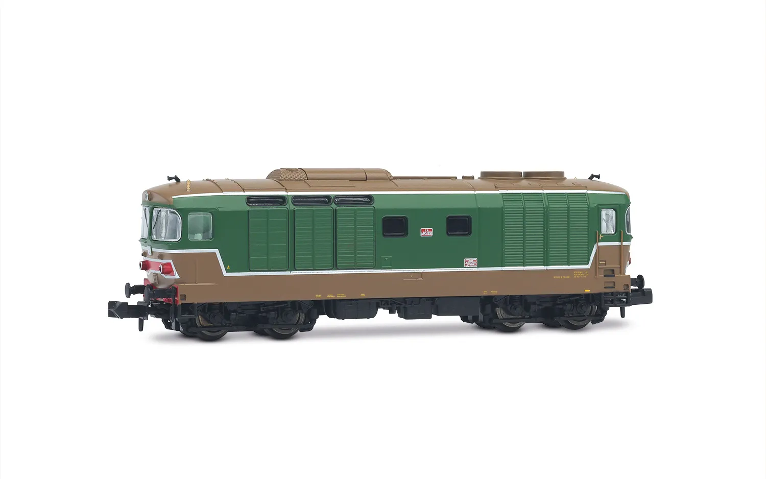 FS, Diesellokomotive der Reihe D.445, 1. Bauserie, grün-braune Farbgebung mit runden Fenstern, Ep. IV-V