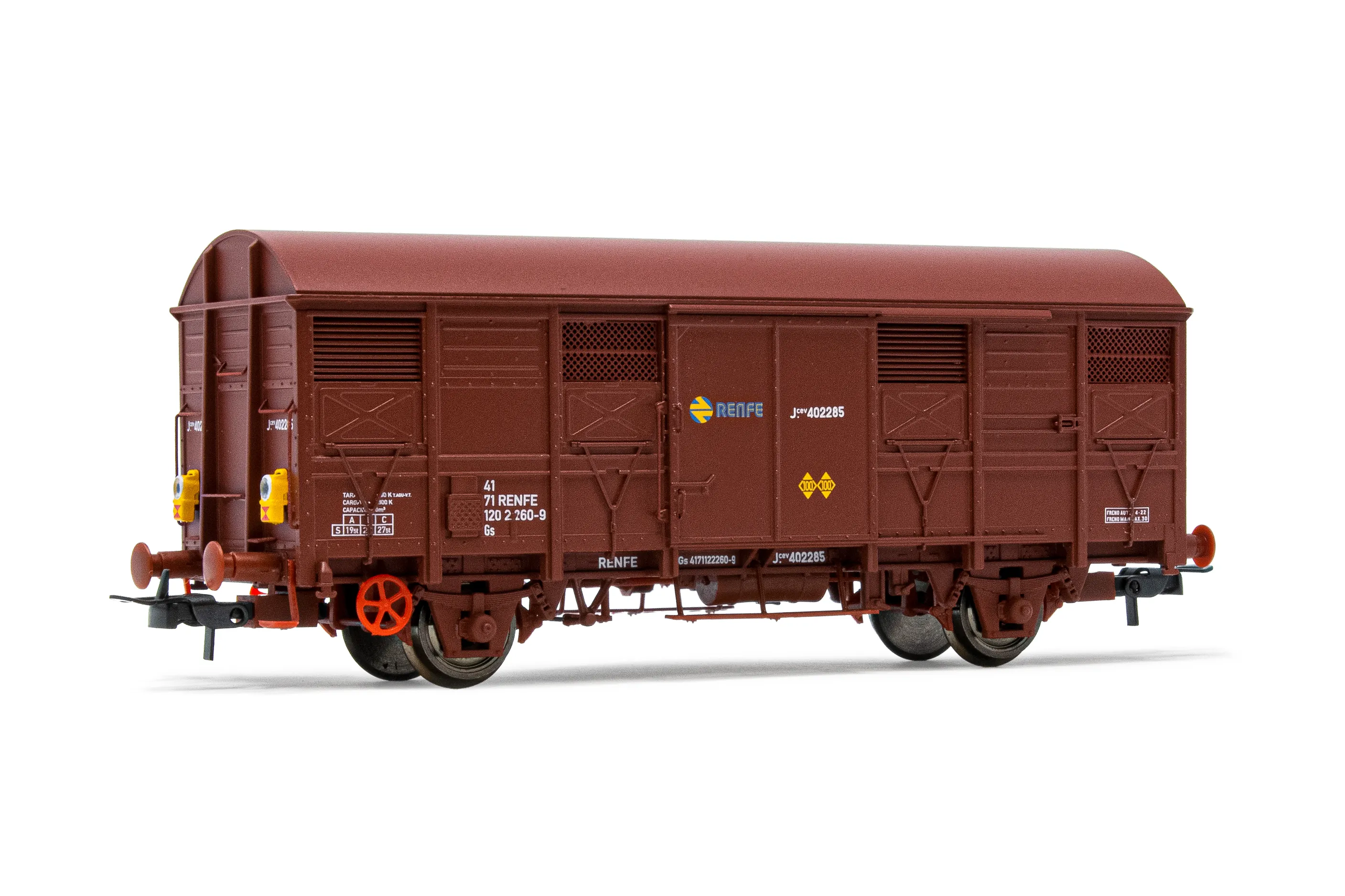 RENFE, 2-axle closed wagon J2, brown livery, with open shutters and red rear light, period IV