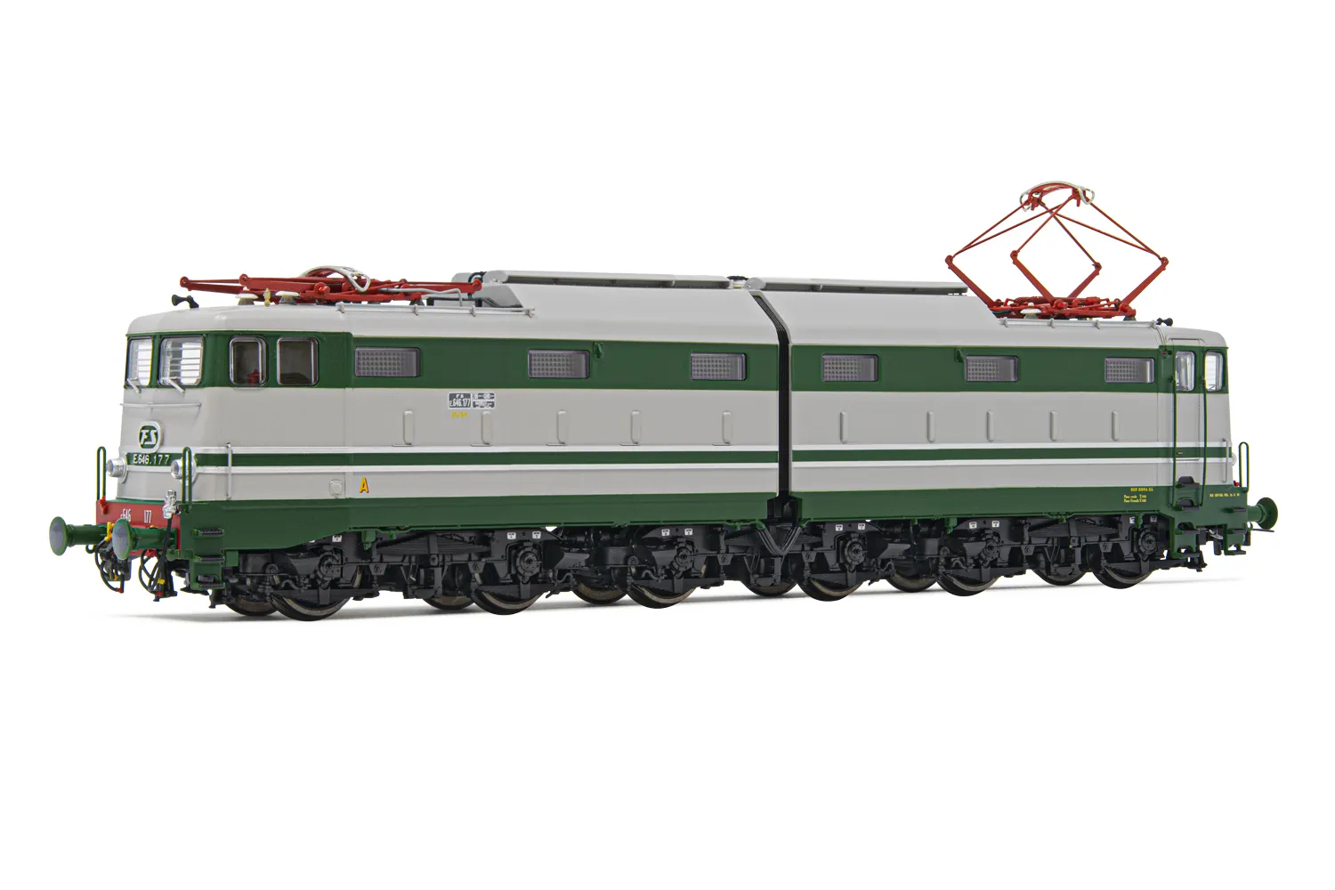 FS, locomotiva elettrica E.646, 2a serie, livrea verde/grigia con modanature d'alluminio e carrelli neri, ep. IV, con DCC Sound decoder