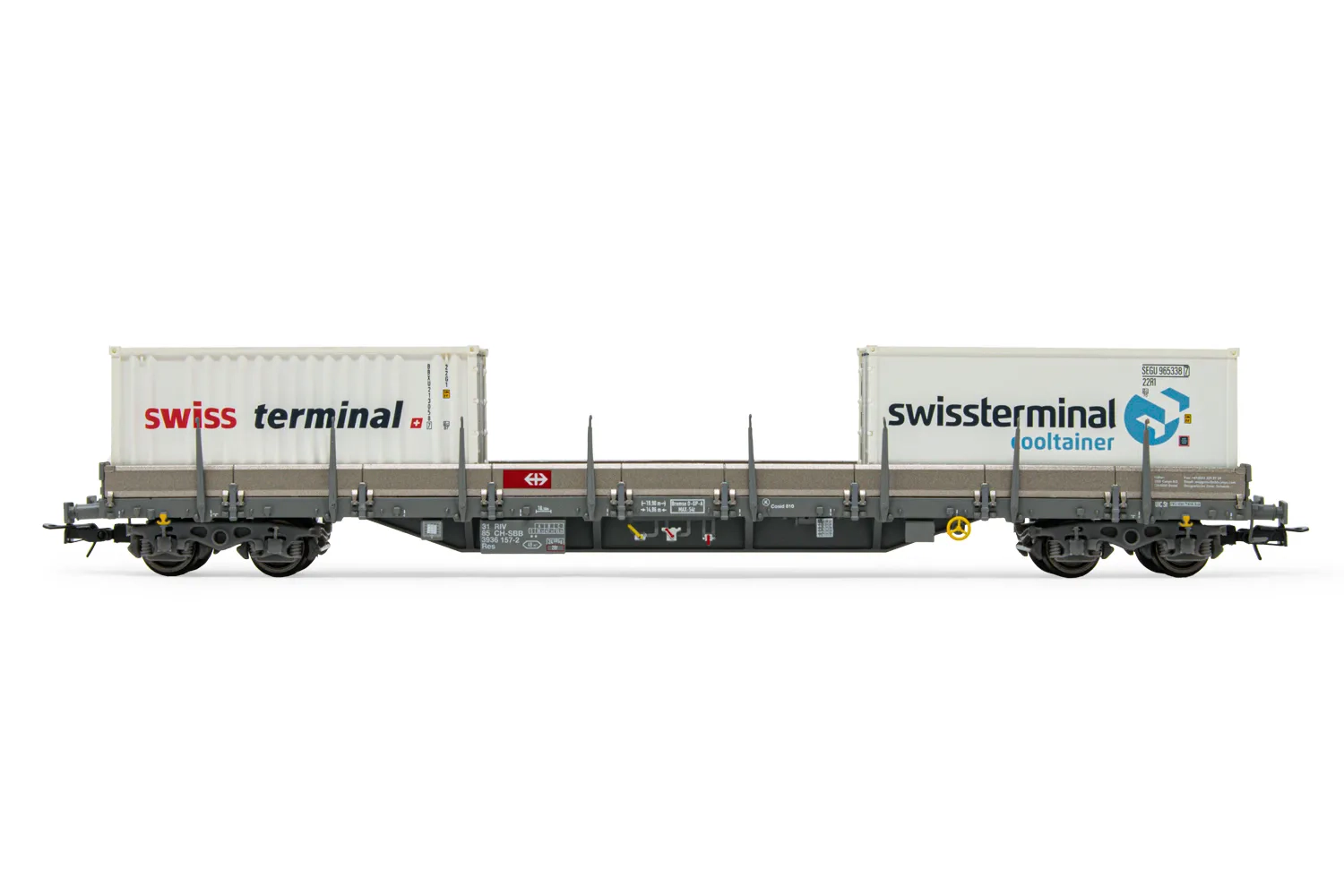 SBB, 4-achs. Flachwagen Res, in silberer Lackierung, beladen mit 2 x 20' Container „Swissterminal", Ep. V