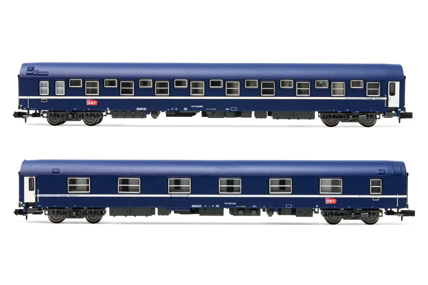 SNCF, coffret de 2 wagons-lits T2, livrée bleu avec logo "dégradé", ép. V-VI