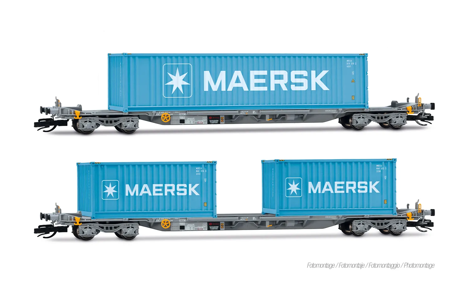 2-unit pack of 4-axle container wagons, grey livery loaded with 2 x 20' + 1 x 40' container "MAERSK"