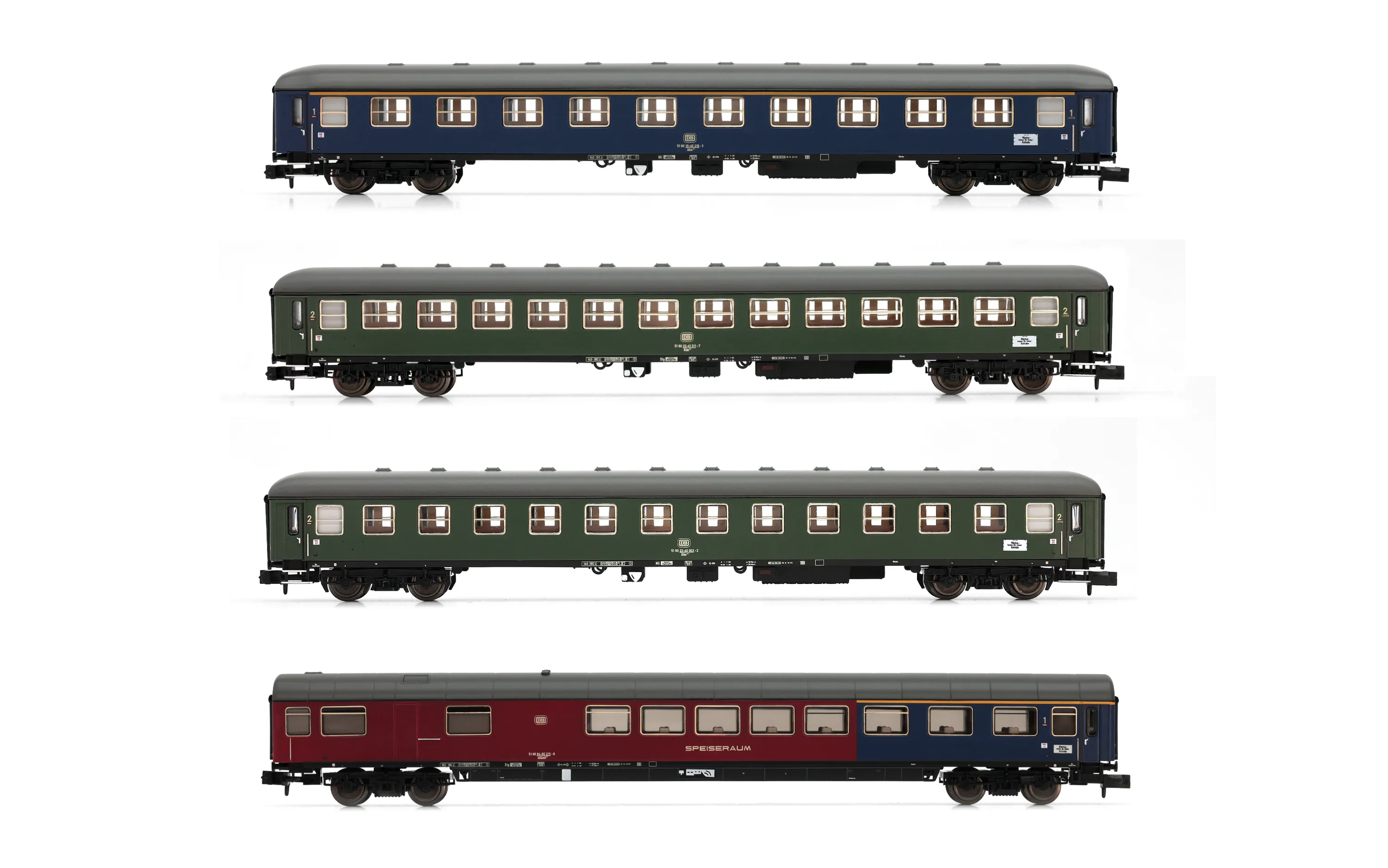 DB, 4-unit pack coaches, 1 x Am, 2 x Bm, 1 x ARm217, blue resp. green livery, period IV
