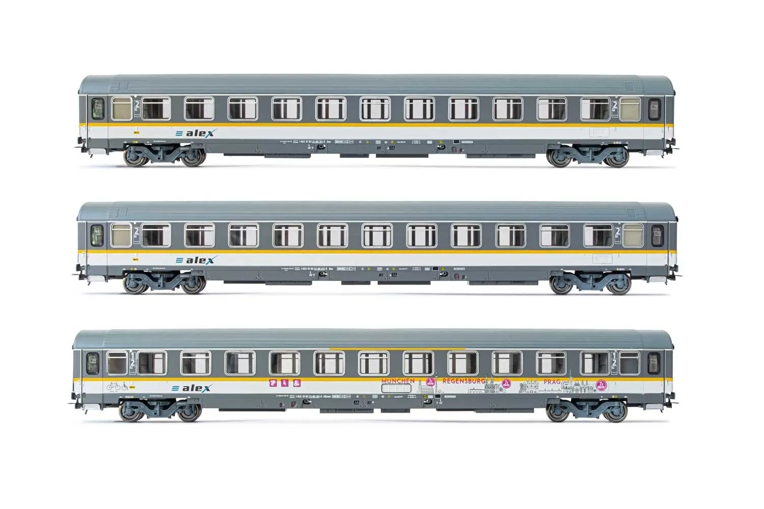 ALEX, 3-tlg. Set Reisezugwagen, bestehend aus 3 x 2.Kl. Wagen der Bauart UIC-Z, in grau/weißer Lackierung, Ep. VI
