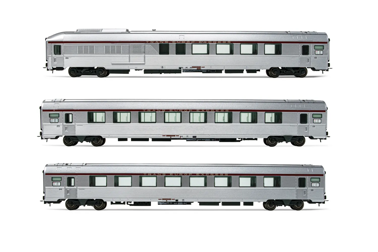 SNCF, 3-unit set of "TEE L'Arbalète" coaches, including 1 x coach A8tu, 1 x coach A8u and 1 x coach A4DTux, period IV. Suitable AC wheelsets for this item: ER352 (10.30 x 23,50 mm)