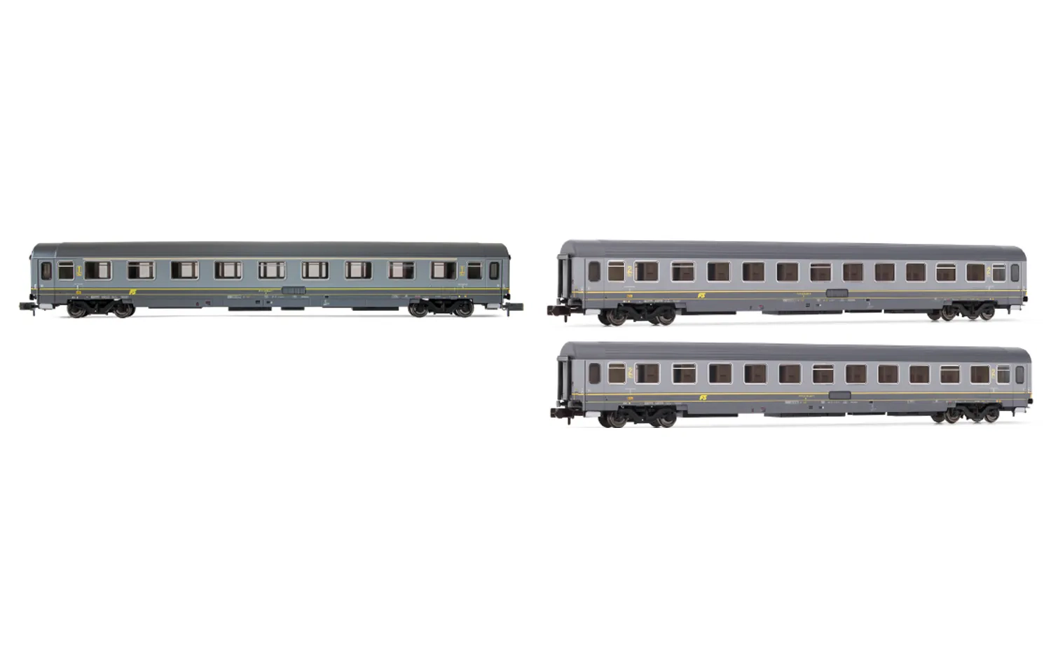 FS, 3-tlg. Set Reisezugwagen UIC-Z1 in „bigrigio”-Lackierung, bestehend aus 1 x 1.Klasse Wagen und 2 x 2.Klasse Wagen, Ep. V