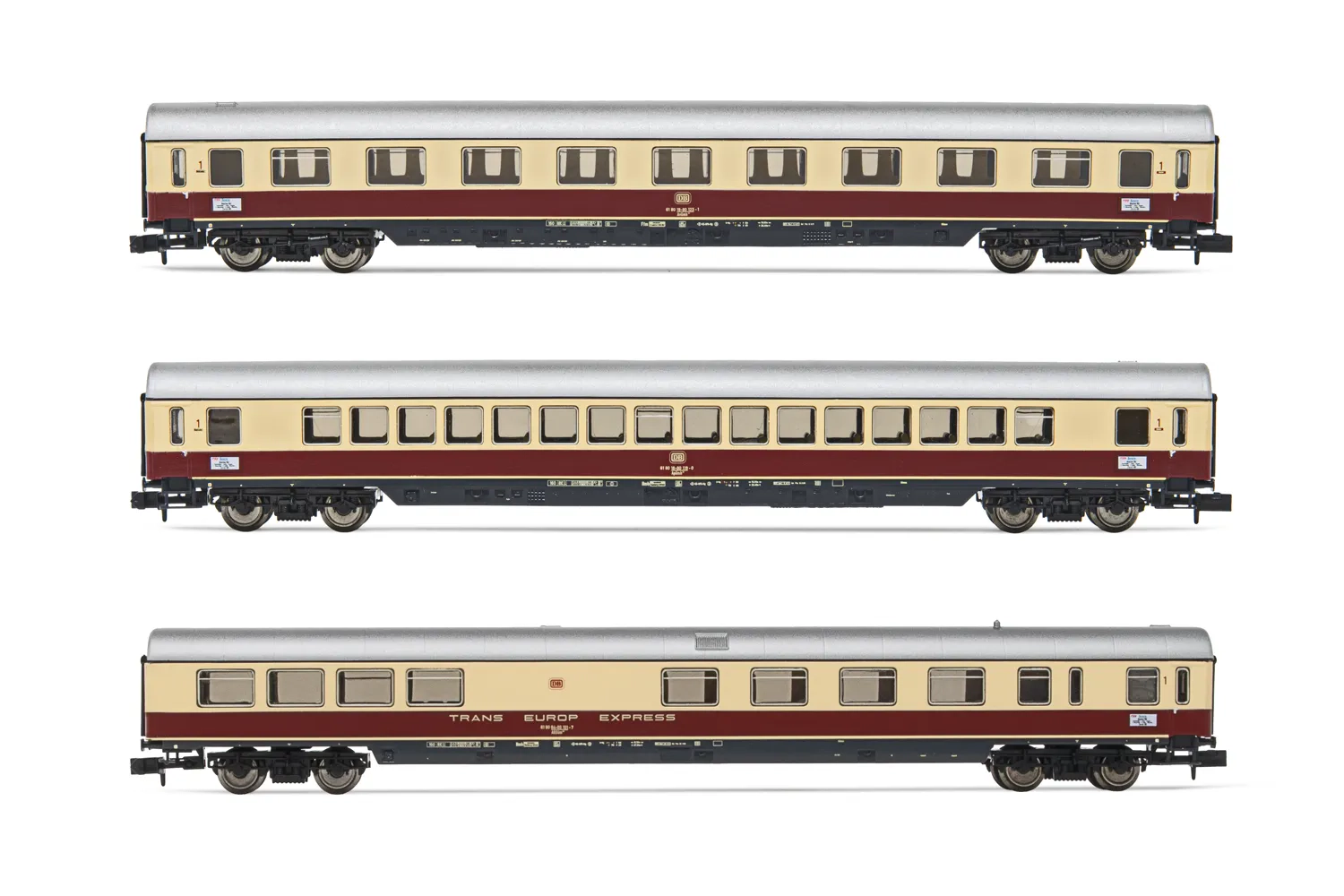 DB, 3-unit pack coaches "TEE Bavaria" (Apm121, Avm111 & ARDm106), red/beige livery, period IV (70's)