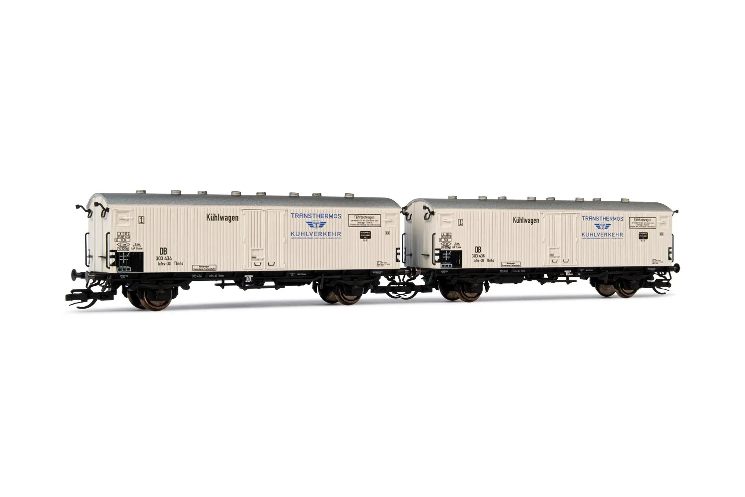 DB, 2-unit set of 2-axle ferryboat refrigerated wagons Gfhks, "Transthermos Kühlverkehr" livery, period III