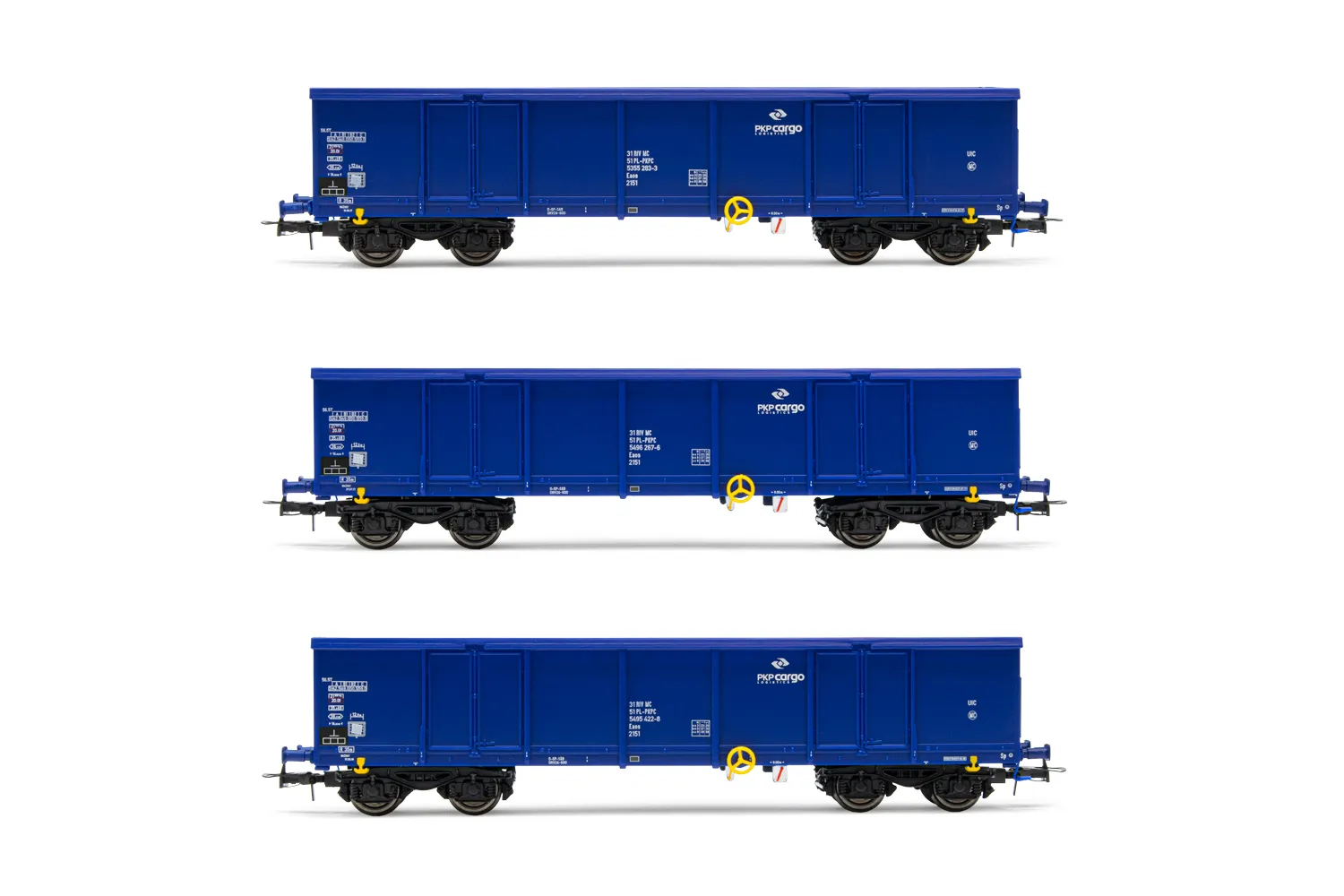 PKP Cargo, 3-tlg. Set 4-achs. offene Güterwagen Eaos, in blauer Lackierung, beladen mit Schrott, Ep. V-VI. Passende AC-Tauschradsätze: HC6100 (10,27 x 25,20 mm)
