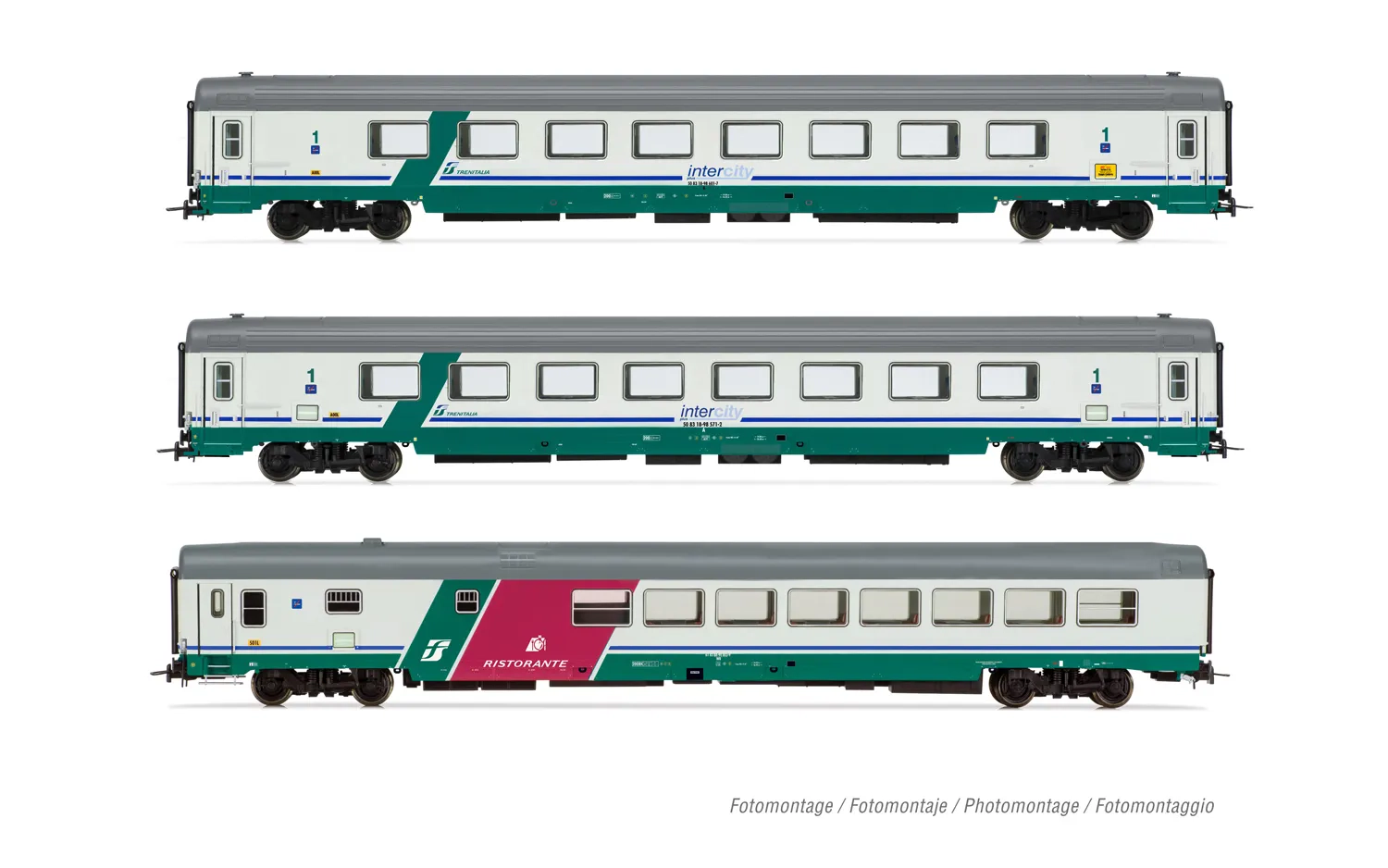 FS, 3-unit pack IC 507/530 "Sila" Torino-Reggio C., 2x Gran Confort 1985 open space + restaurant GC WR83 smooth roof, XMPR "Intercity Plus" livery, ep. Vb