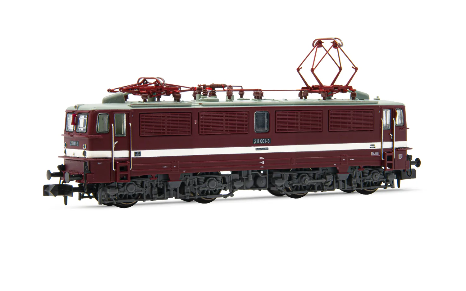 DR, locomotive électrique classe 211, livrée rouge avec ligne blanche de décoration épaisse, ép. IV